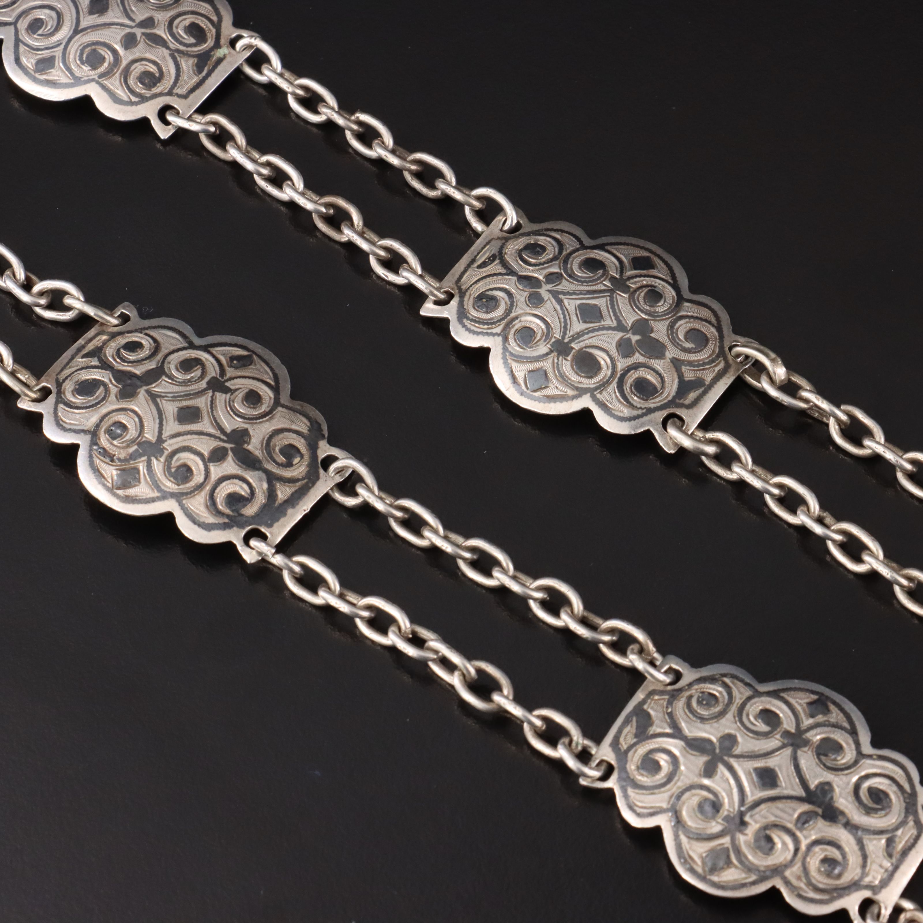 Russian Kavkaz 875 Silver Niello Belt, Early 1900s