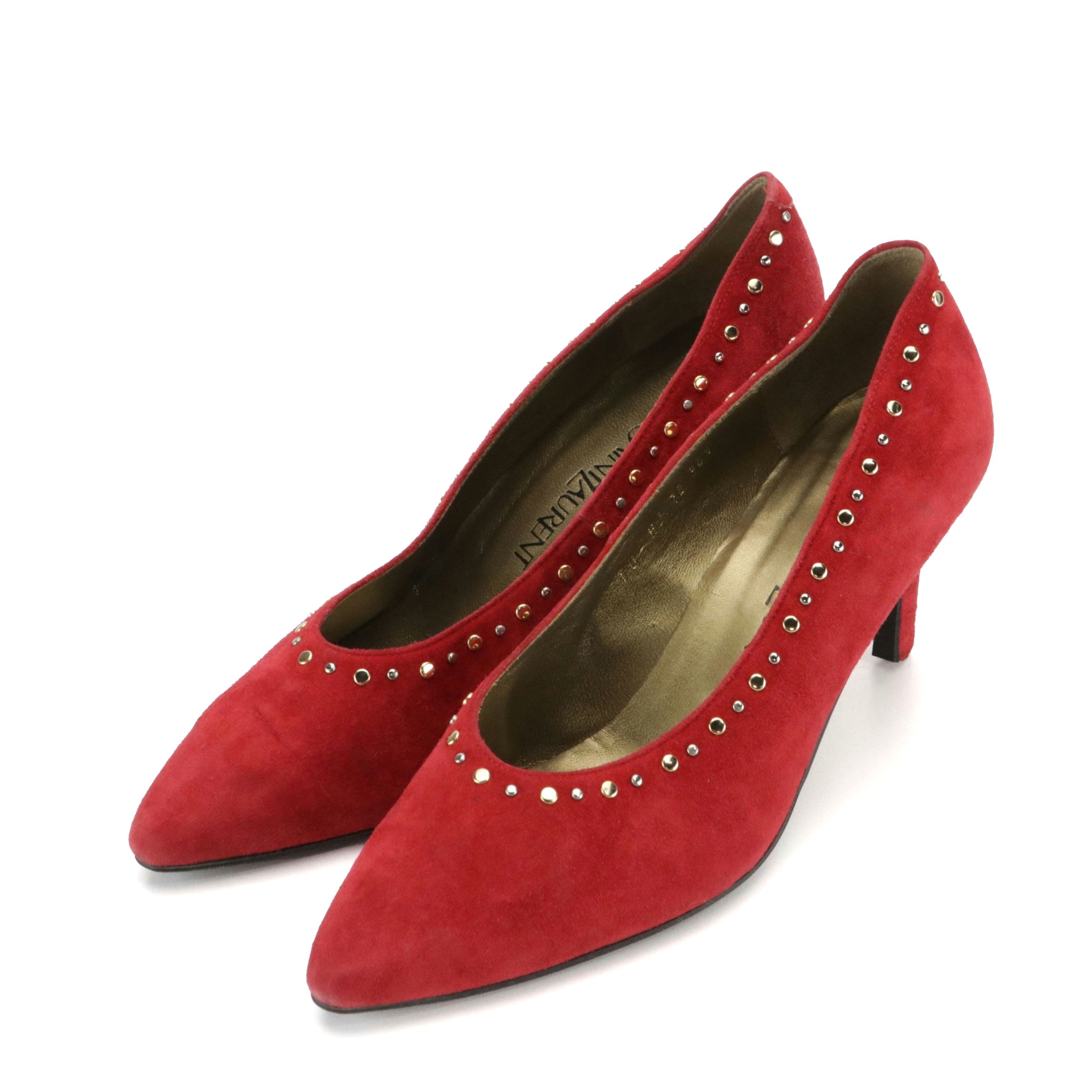 Yves Saint Laurent Vintage Studded Red Suede Pointed-Toe Pumps