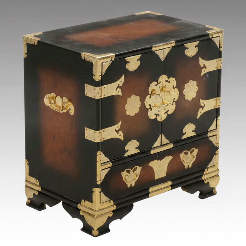 Chinese Style Burlwood Small Cabinet with Brass Accents