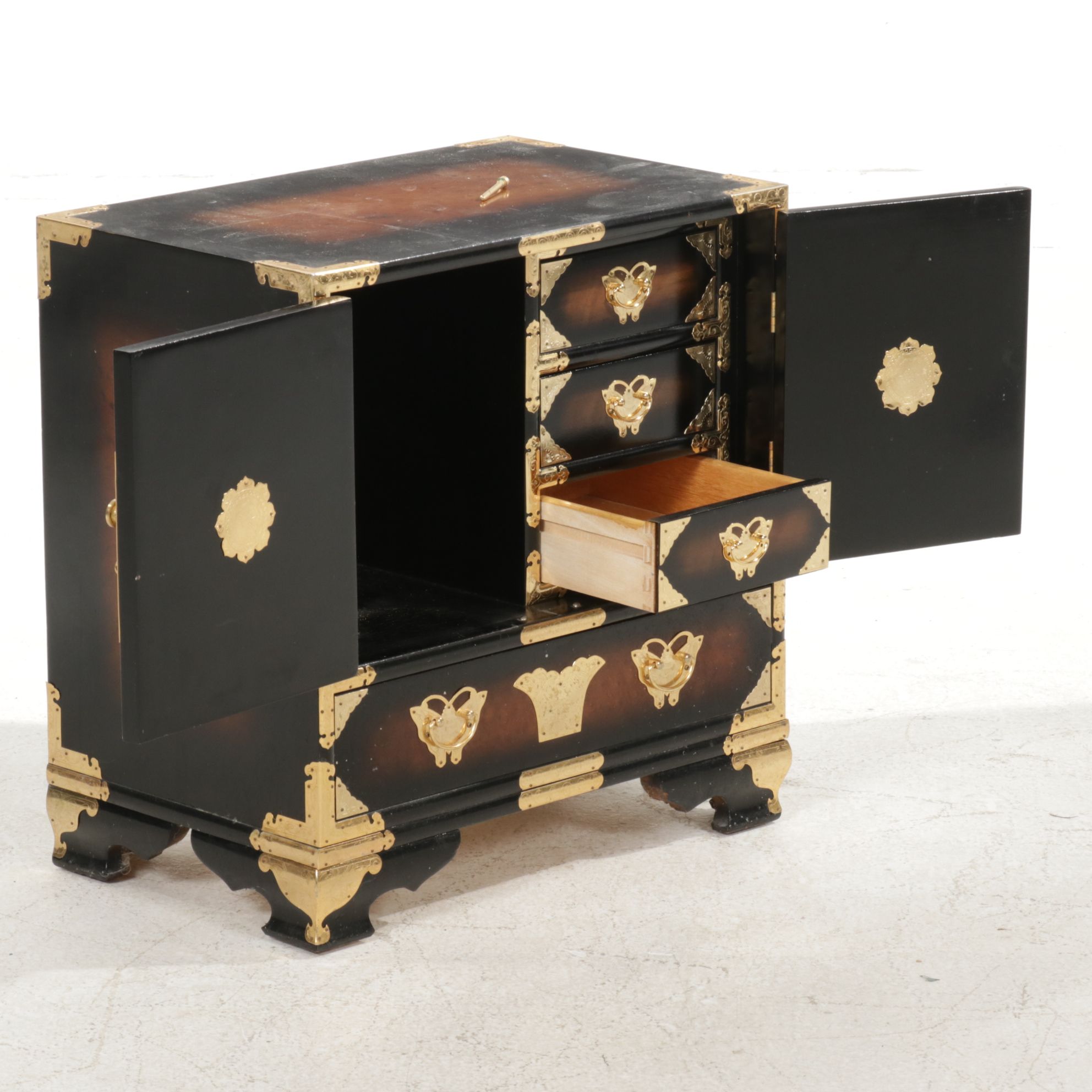 Chinese Style Burlwood Small Cabinet with Brass Accents