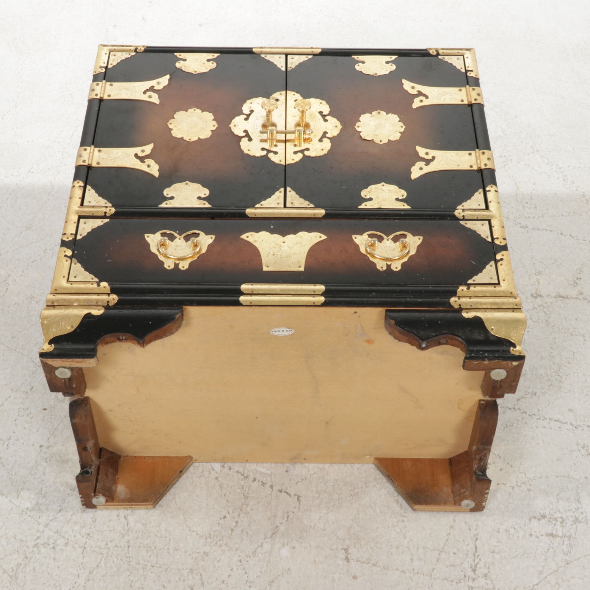 Chinese Style Burlwood Small Cabinet with Brass Accents