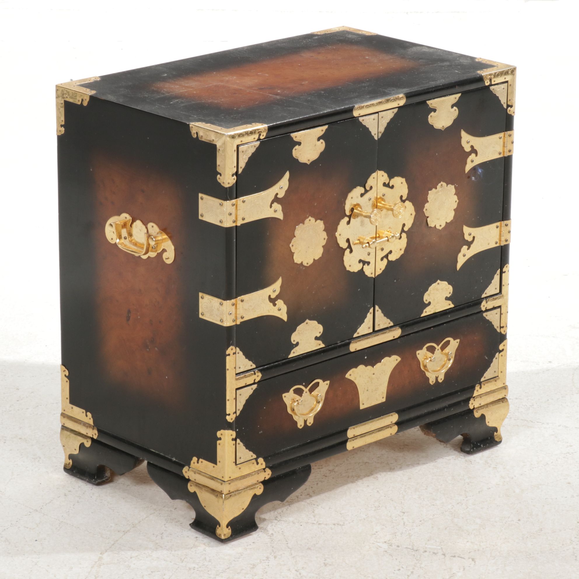 Chinese Style Burlwood Small Cabinet with Brass Accents