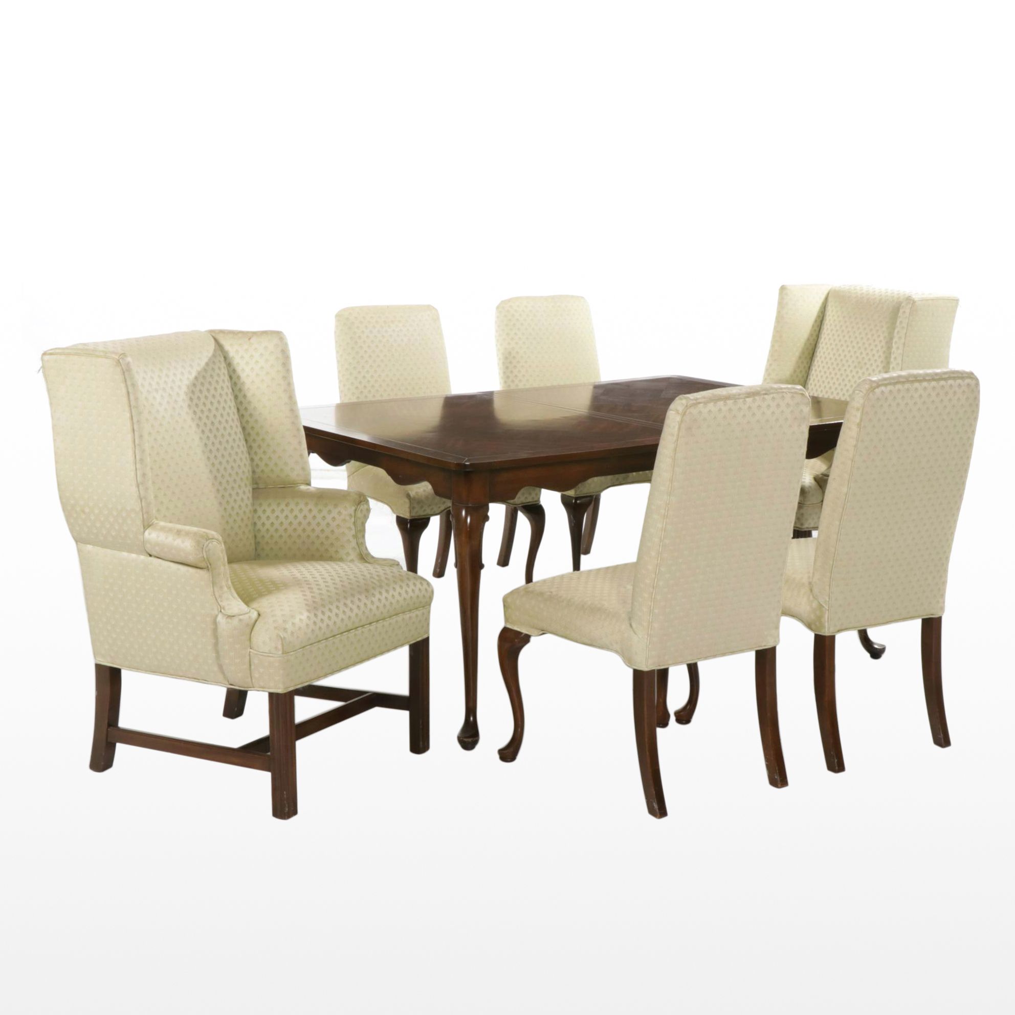 Queen Anne Style Parquetry Dining Table with Six, Early to Mid-20th Century