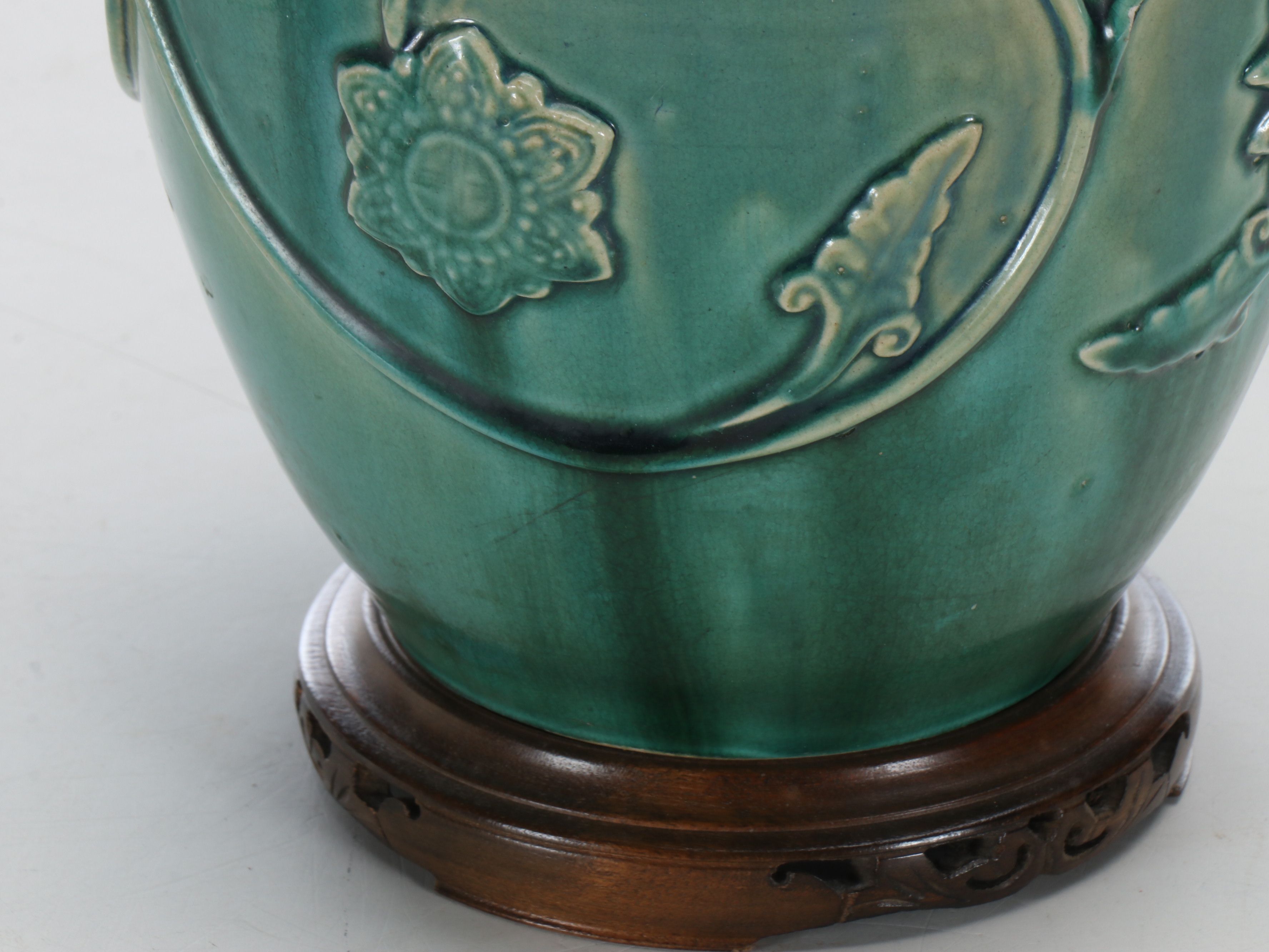 Embossed Vine Ceramic Table Lamp with Silk Bell Shade