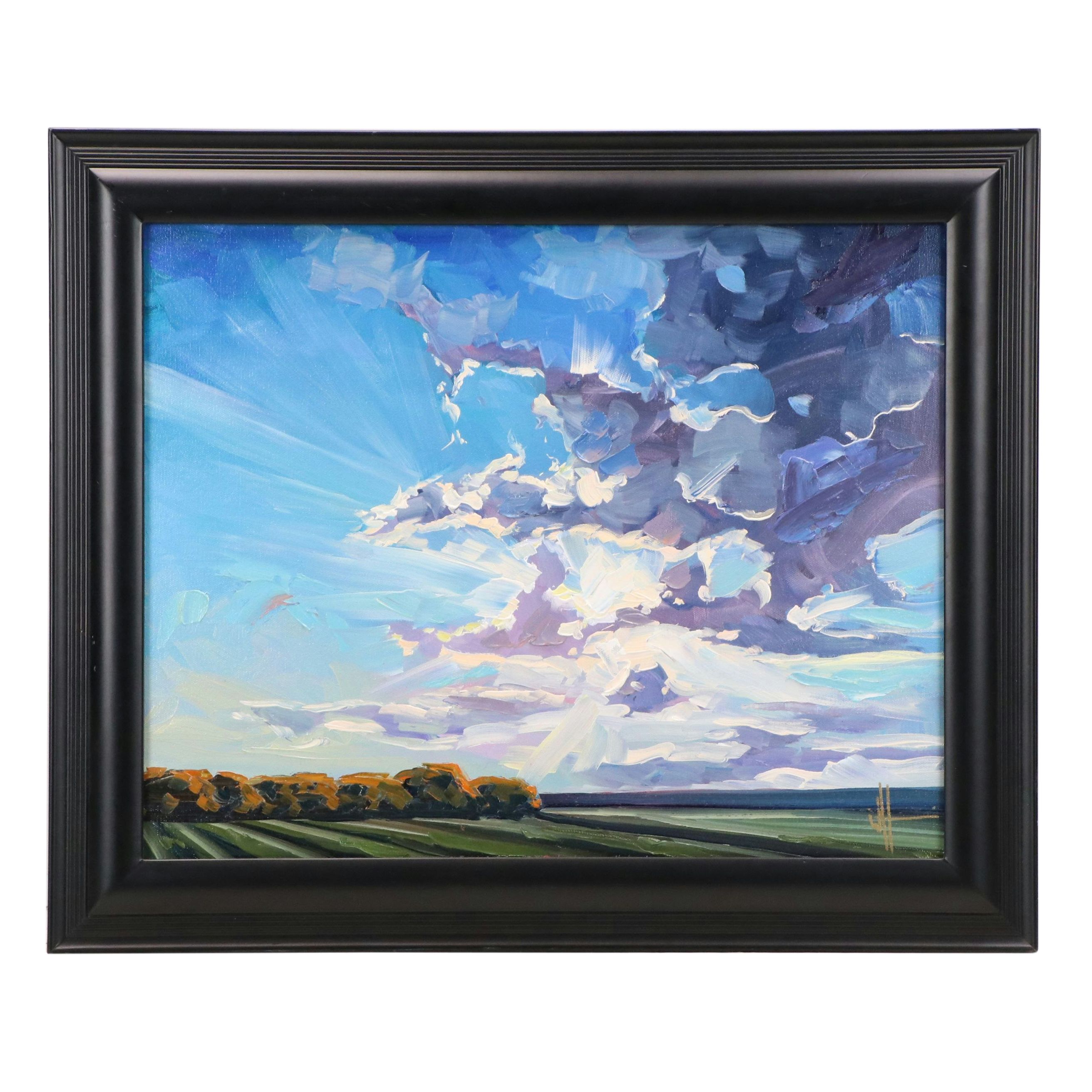 William Hawkins Oil Painting of Sunlit Clouds Over Field, 2026