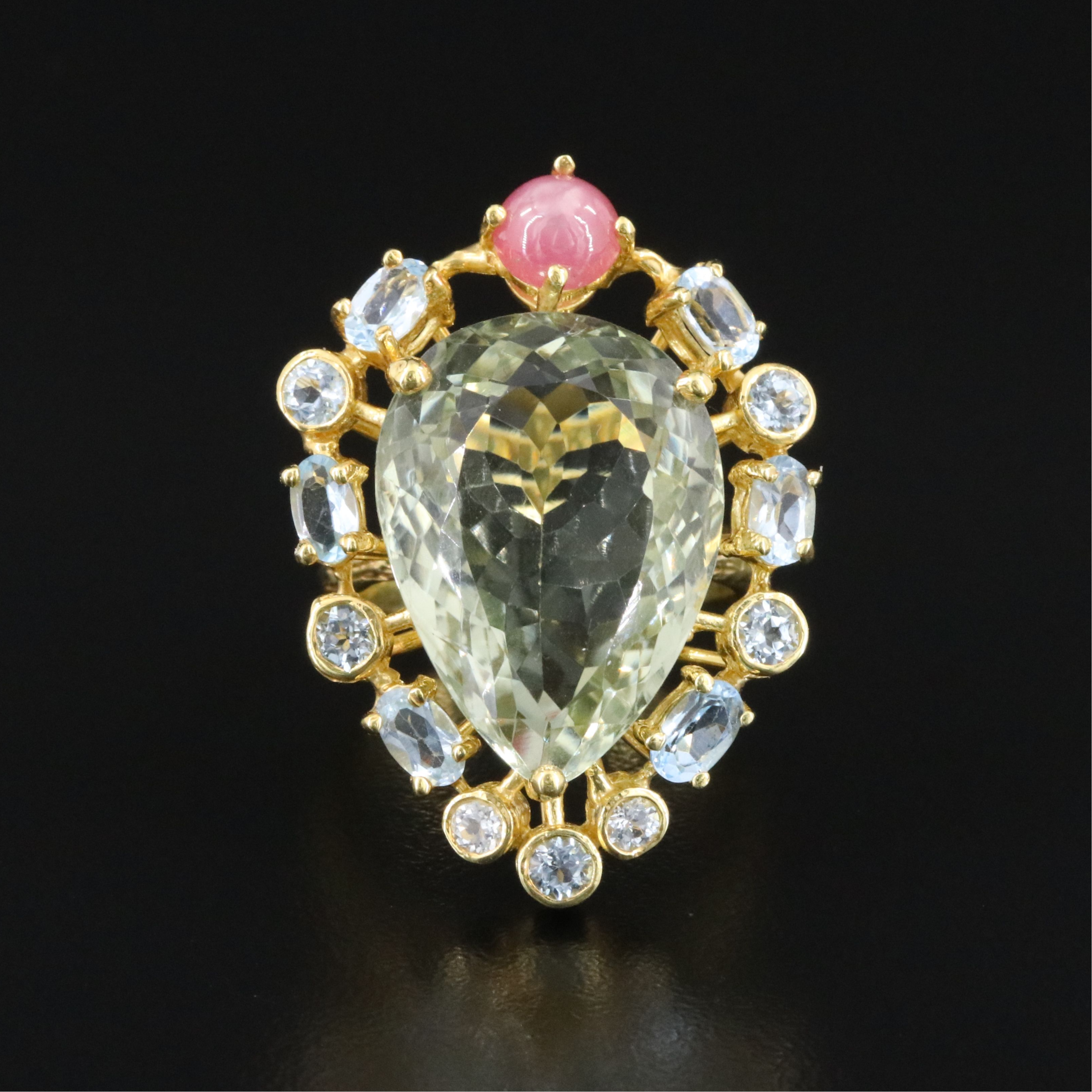 Sterling Prasiolite, Topaz and Ruby Ring