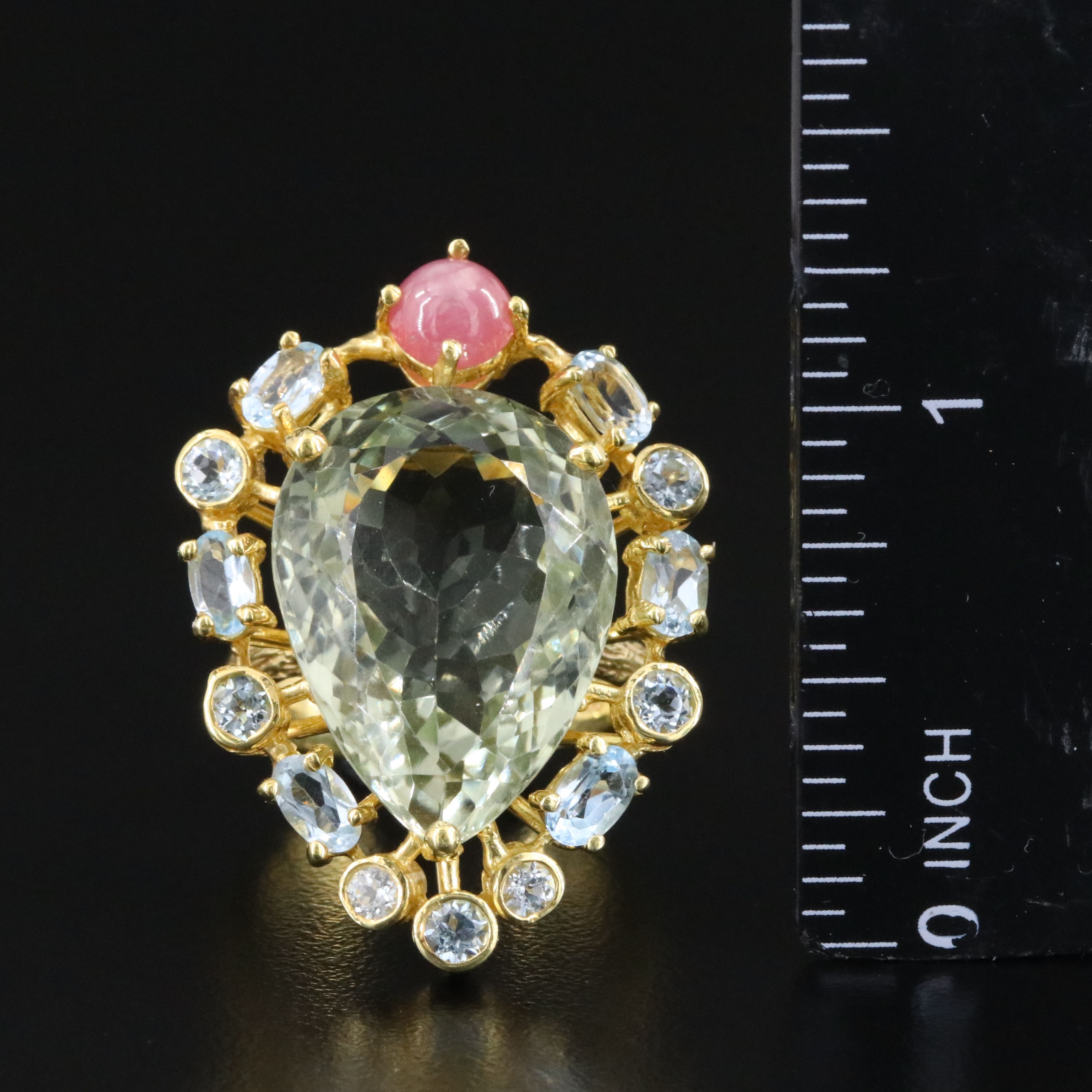 Sterling Prasiolite, Topaz and Ruby Ring