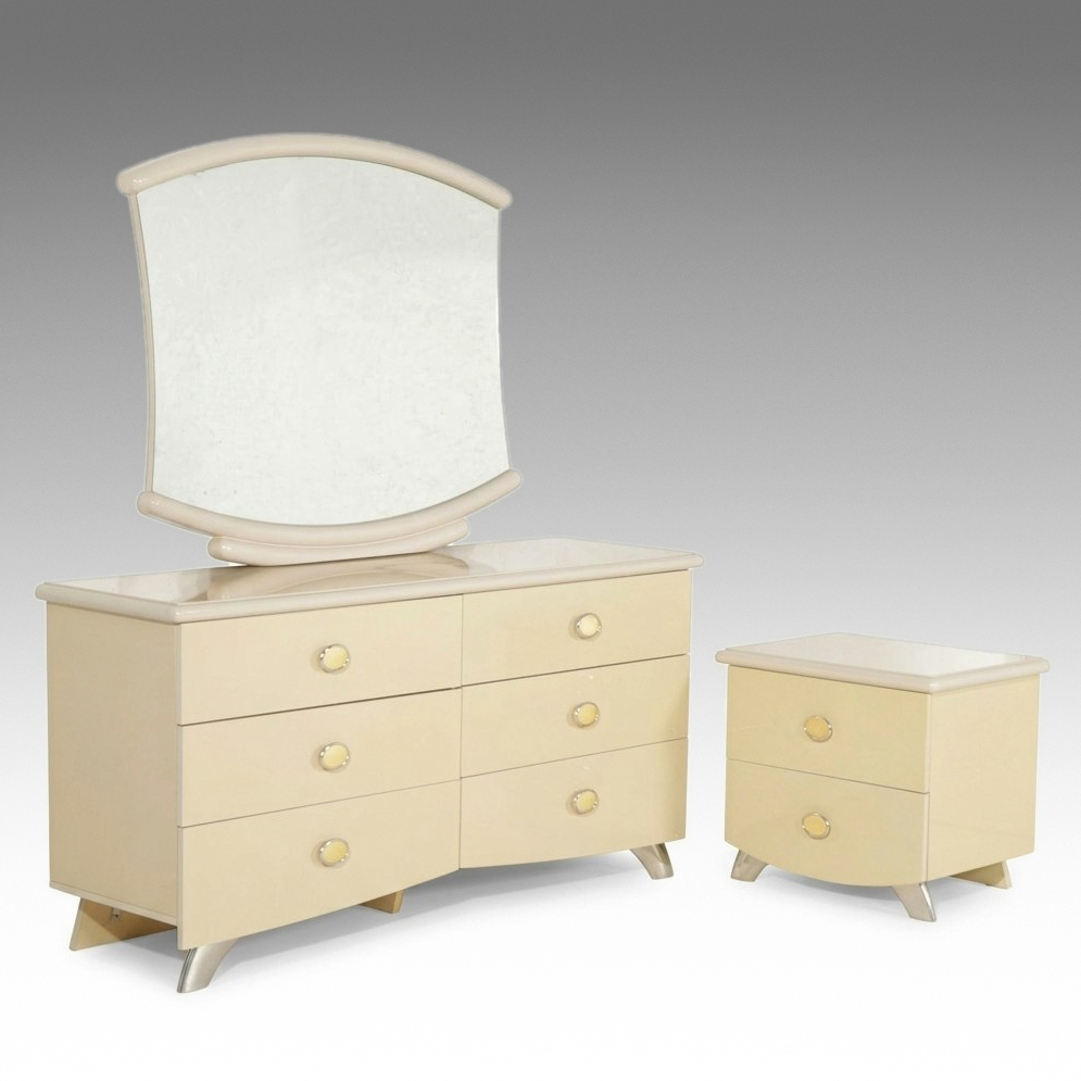 Italian Postmodernist Creamy Pearl Dresser with Mirror & Nightstand
