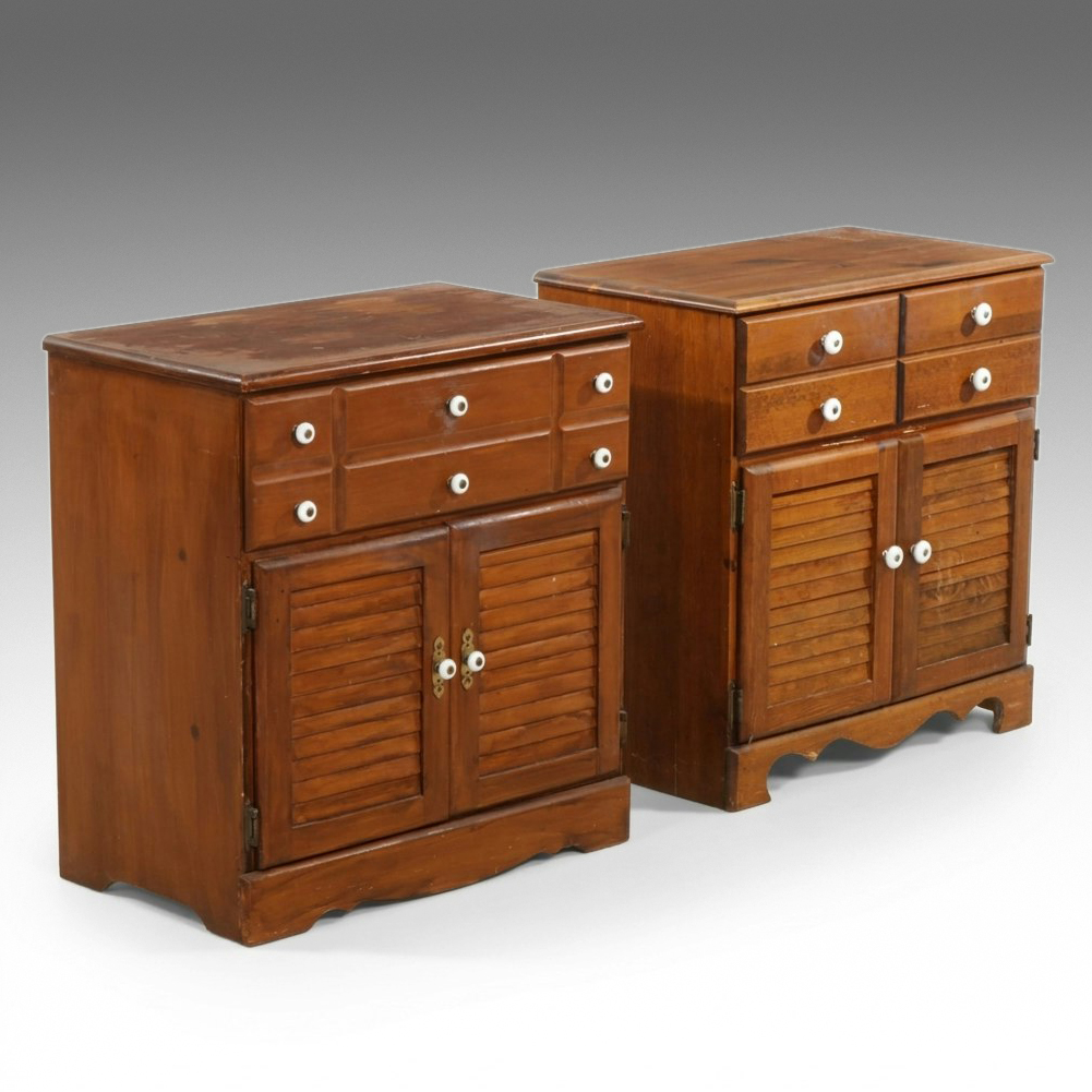 Two Colonial Revival Style Pine Nightstands with Louvered Doors