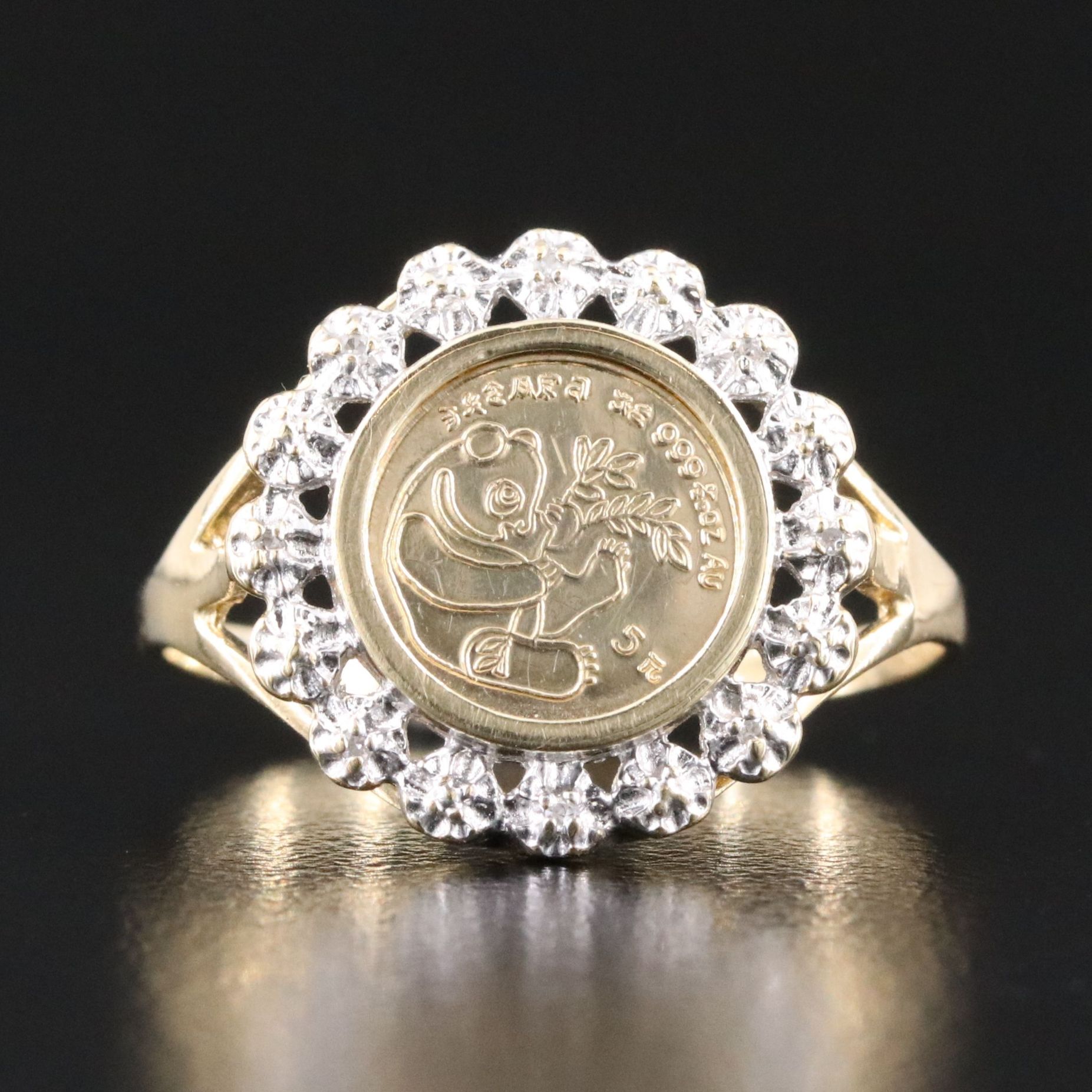 10K 0.02 CTW Diamond Chinese Panda Replica 5 Yuan Coin Ring