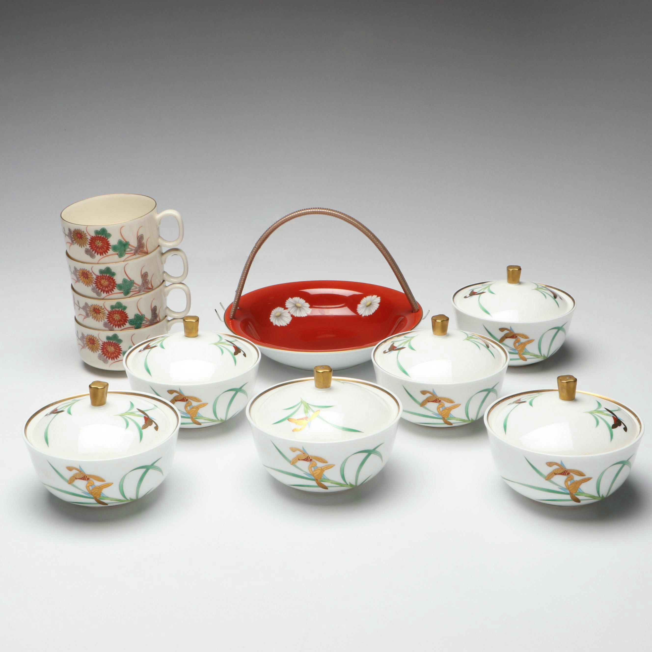 Koransha "Old Imari" and Orchid Bone China Cups and Bowls with Noritake Bowl