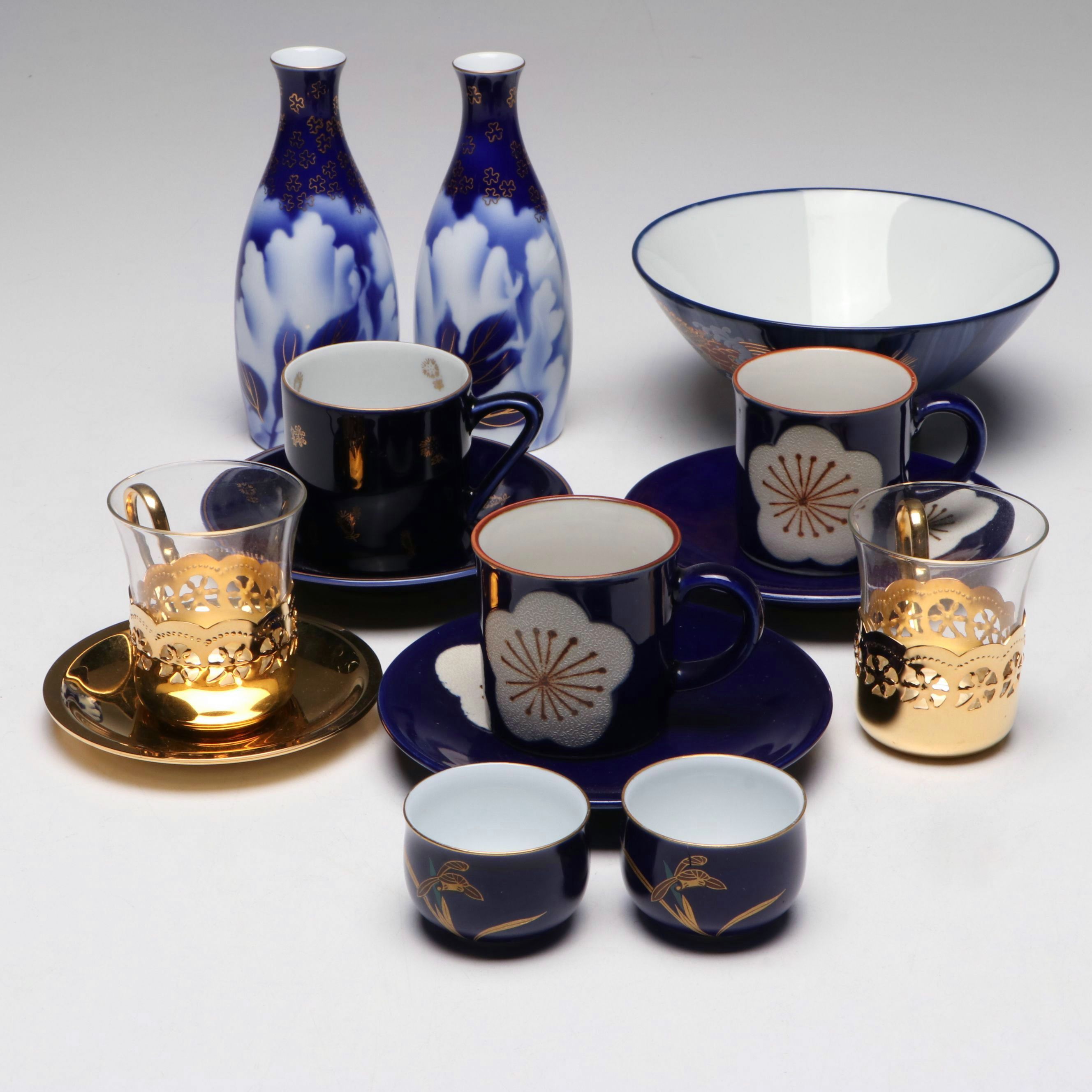 Fukagawa Porcelain Sake Carafes, Gilt Demitasse and More Japanese Ceramics