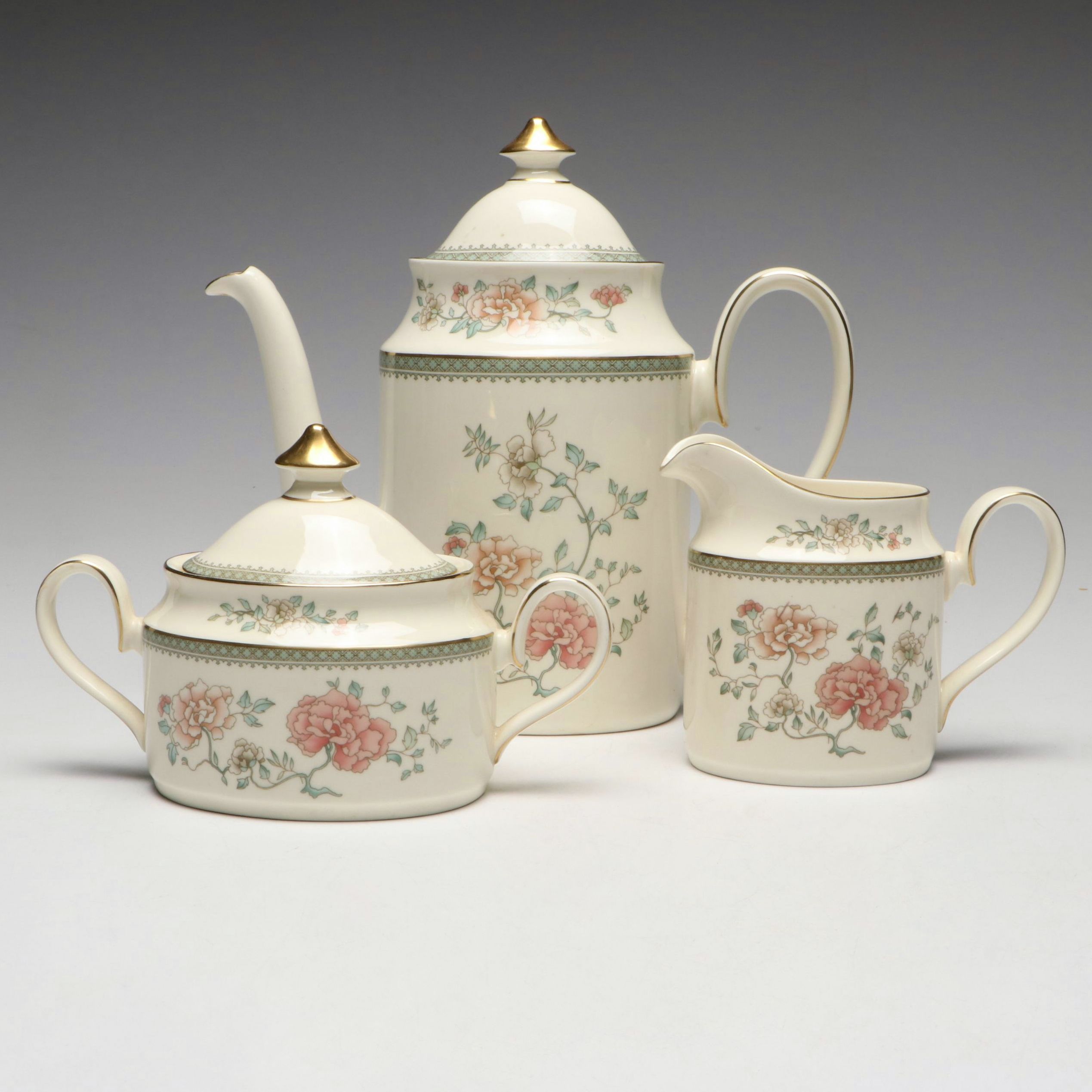 Minton "Jasmine" Bone China Coffee Pot with Creamer and Sugar, Late 20th C.