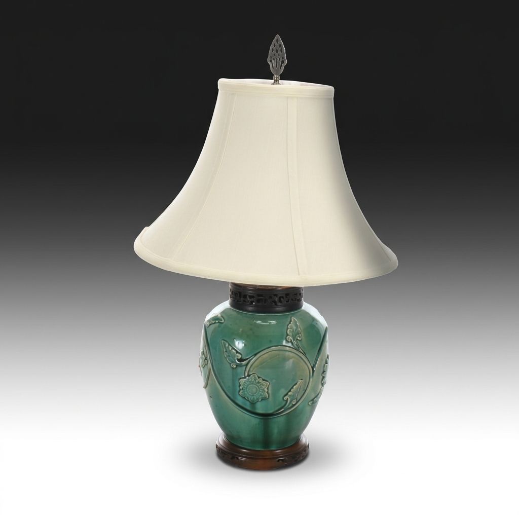 Embossed Vine Ceramic Table Lamp with Silk Bell Shade