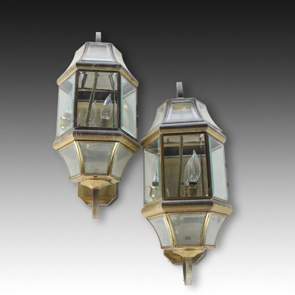 Beveled Glass and Brass Outdoor Lantern Wall Lights