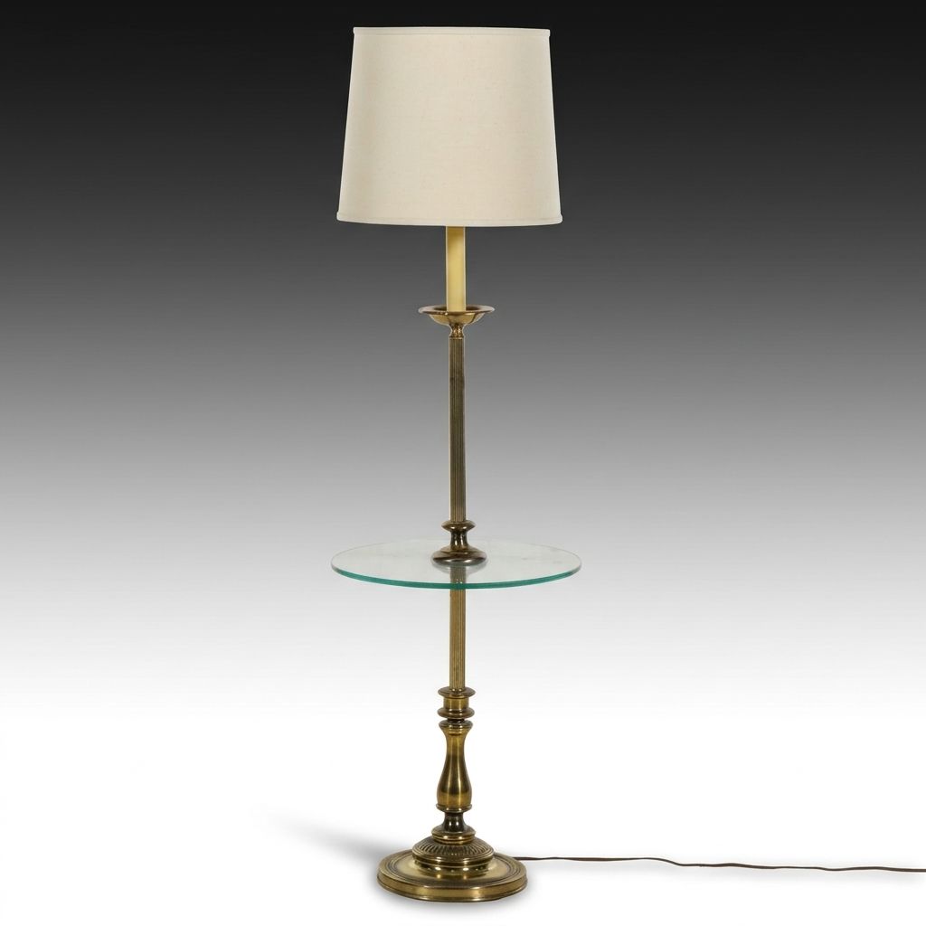 Brass Candlestick Floor Lamp with Integrated Glass Table Top