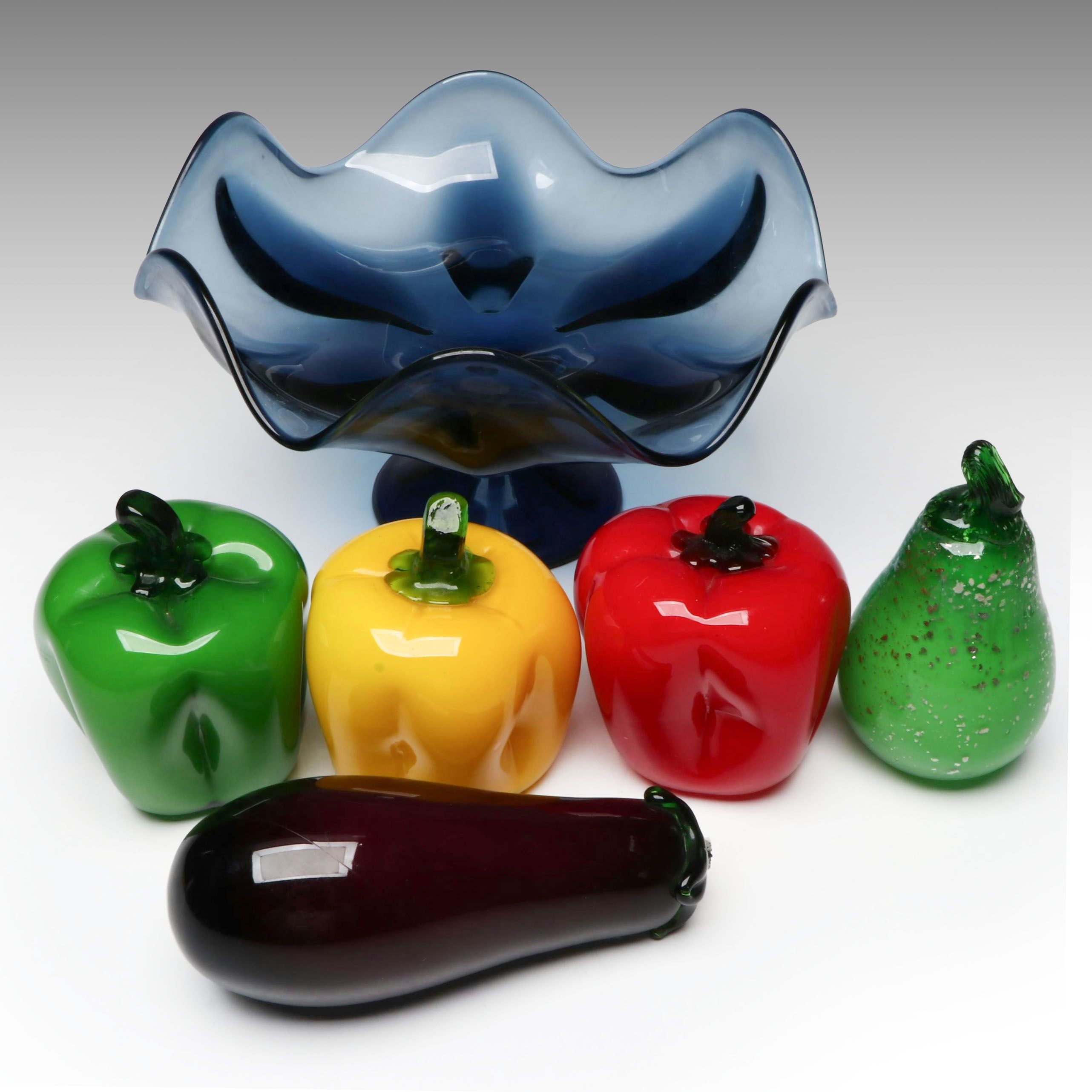 Viking Glass "Epic Blue" Pedestal Bowl with Glass Vegetable Sculptures