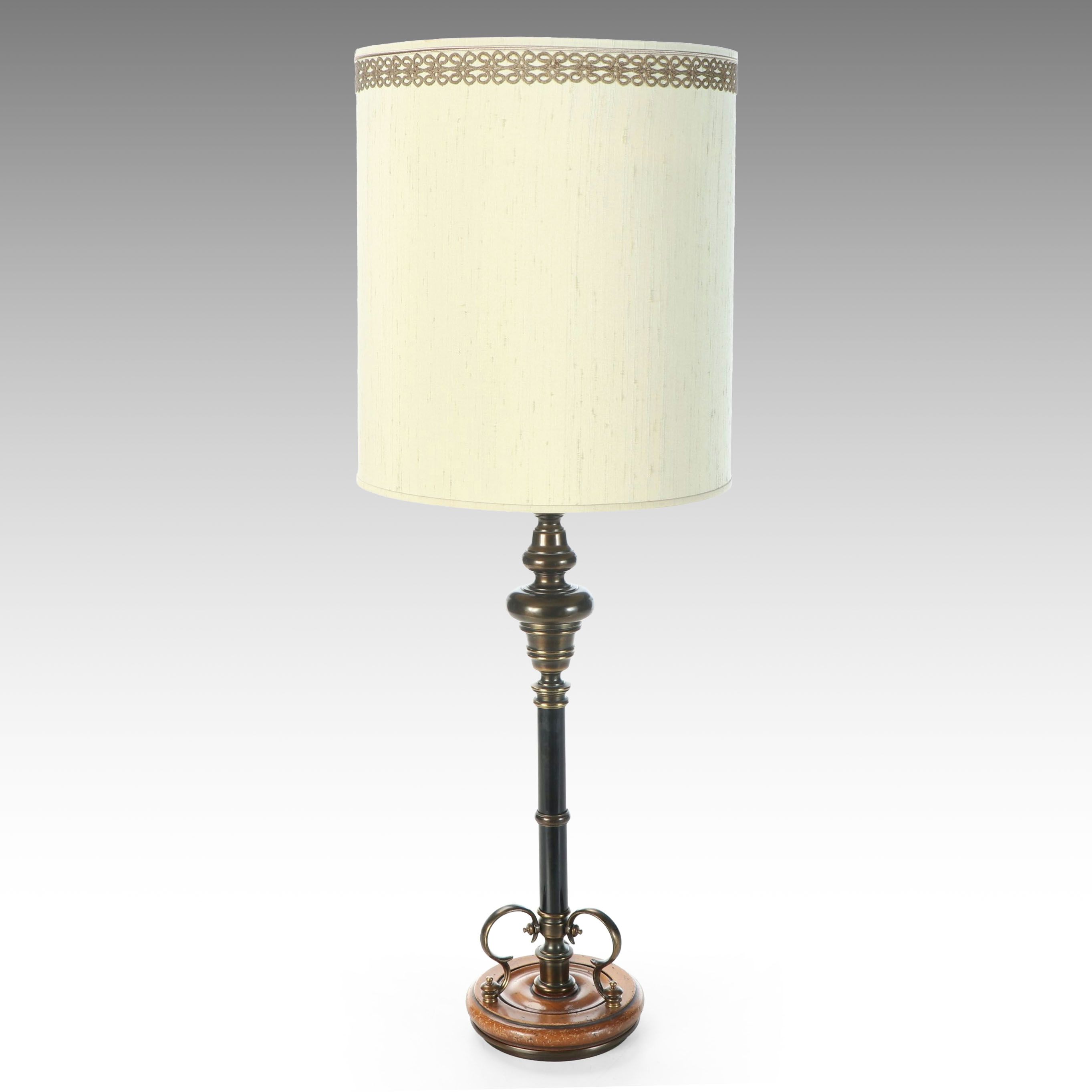 Brass and Metal Pillar Torchiere Table Lamp with Drum Shade, Vintage