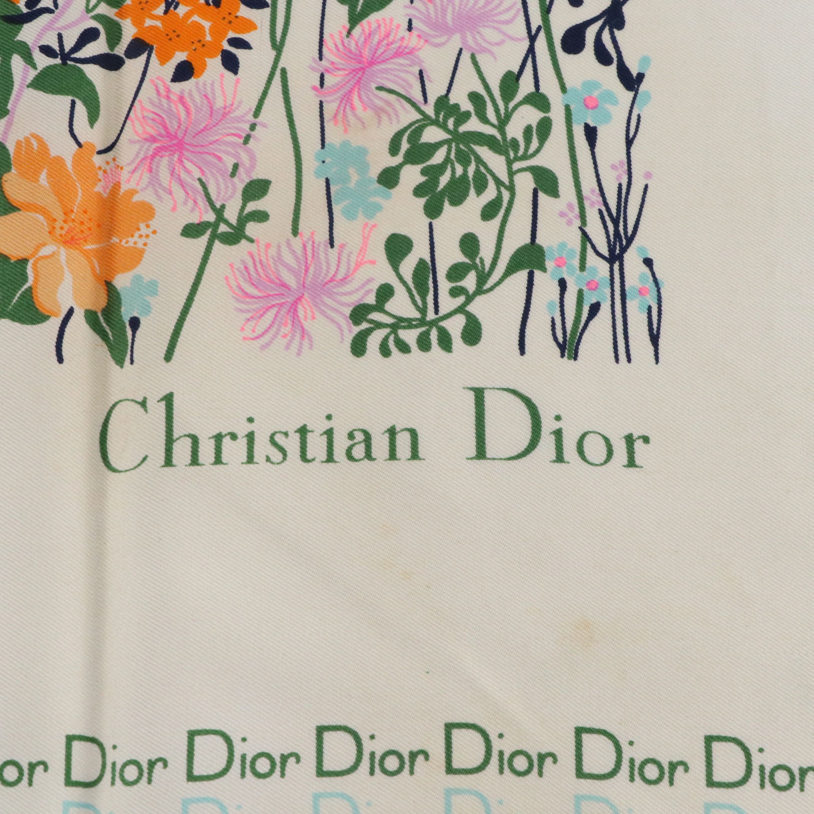 Christian Dior Logo Floral Scarf in Silk Twill with Retail Sleeve