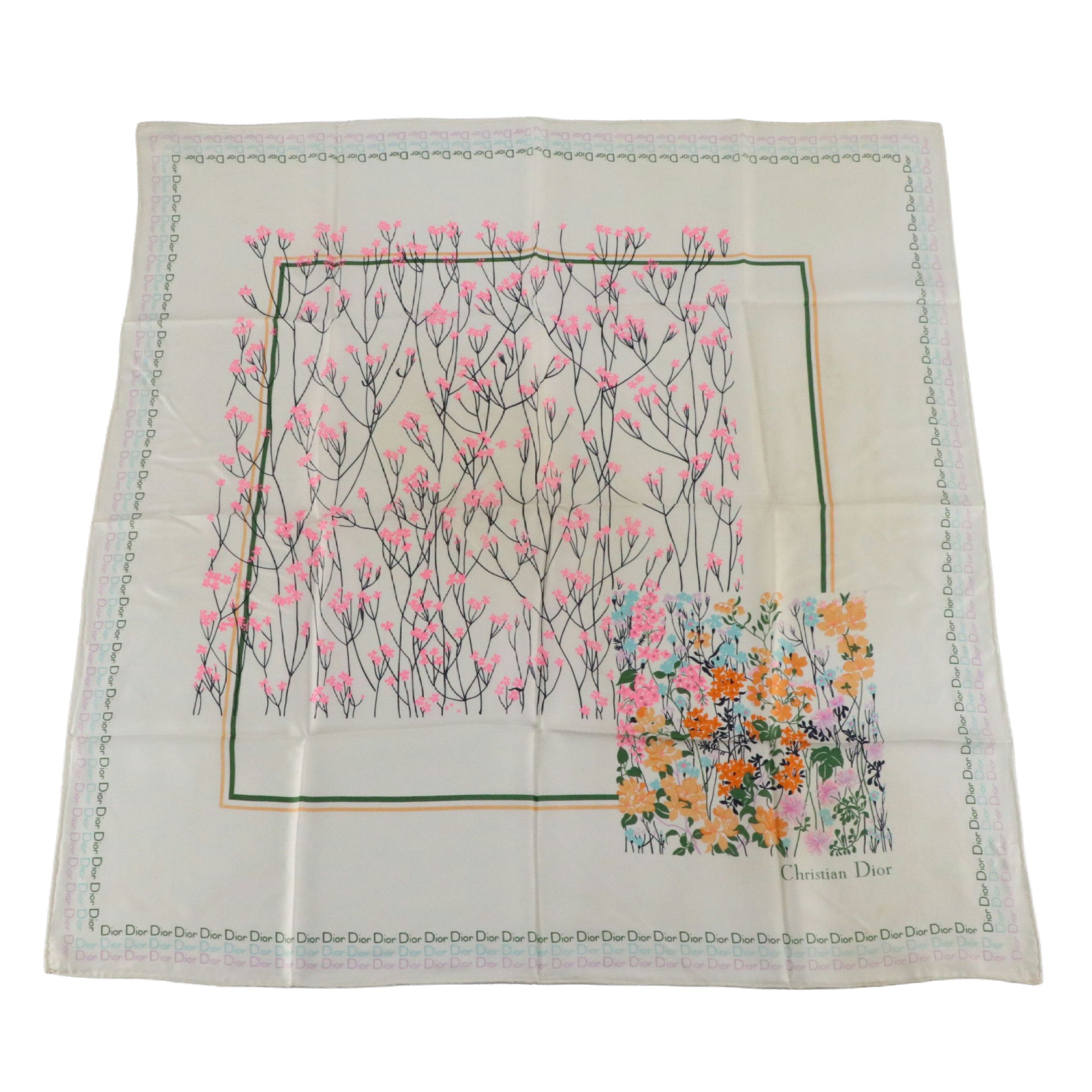 Christian Dior Logo Floral Scarf in Silk Twill with Retail Sleeve