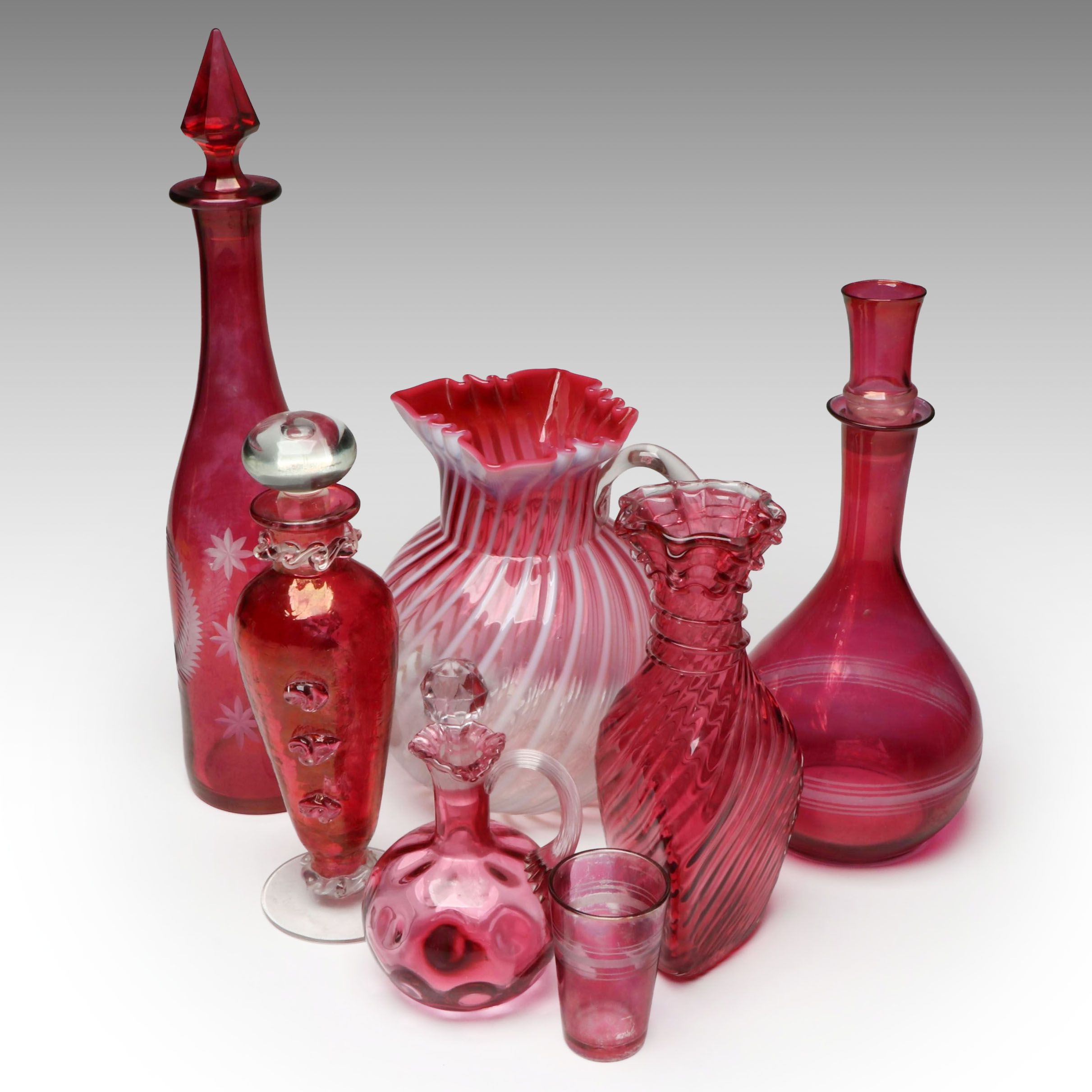 Northwood "Cranberry Swirl" Pitcher with Other Art Glass Table Accessories