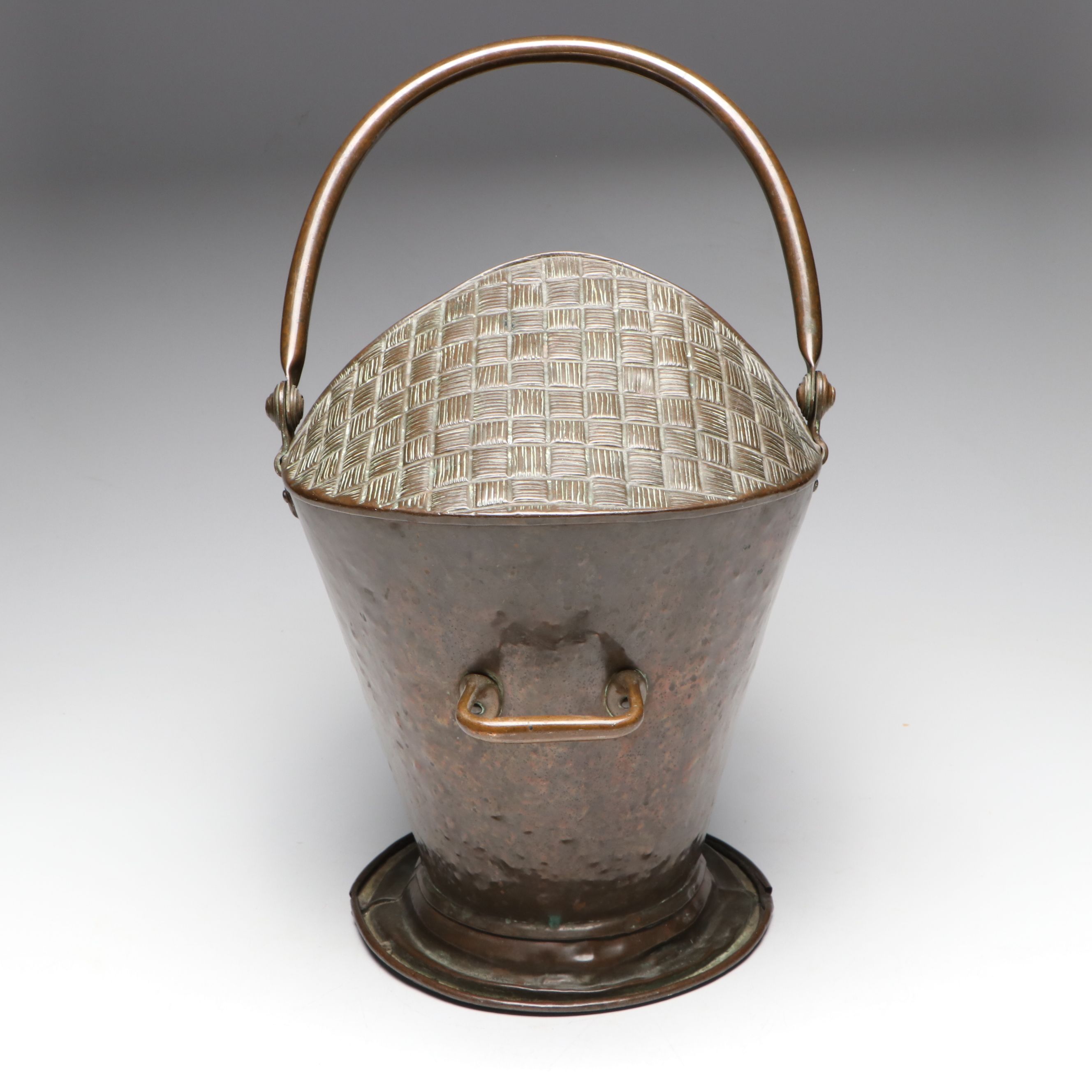 English Hammered Copper Coal Scuttle with Basketweave Hood