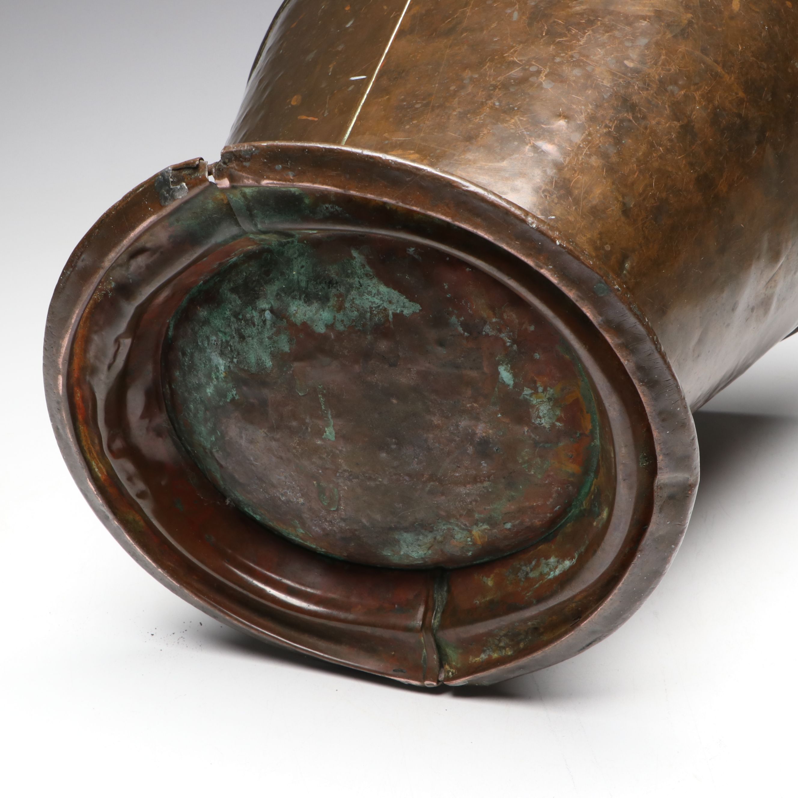 English Hammered Copper Coal Scuttle with Basketweave Hood