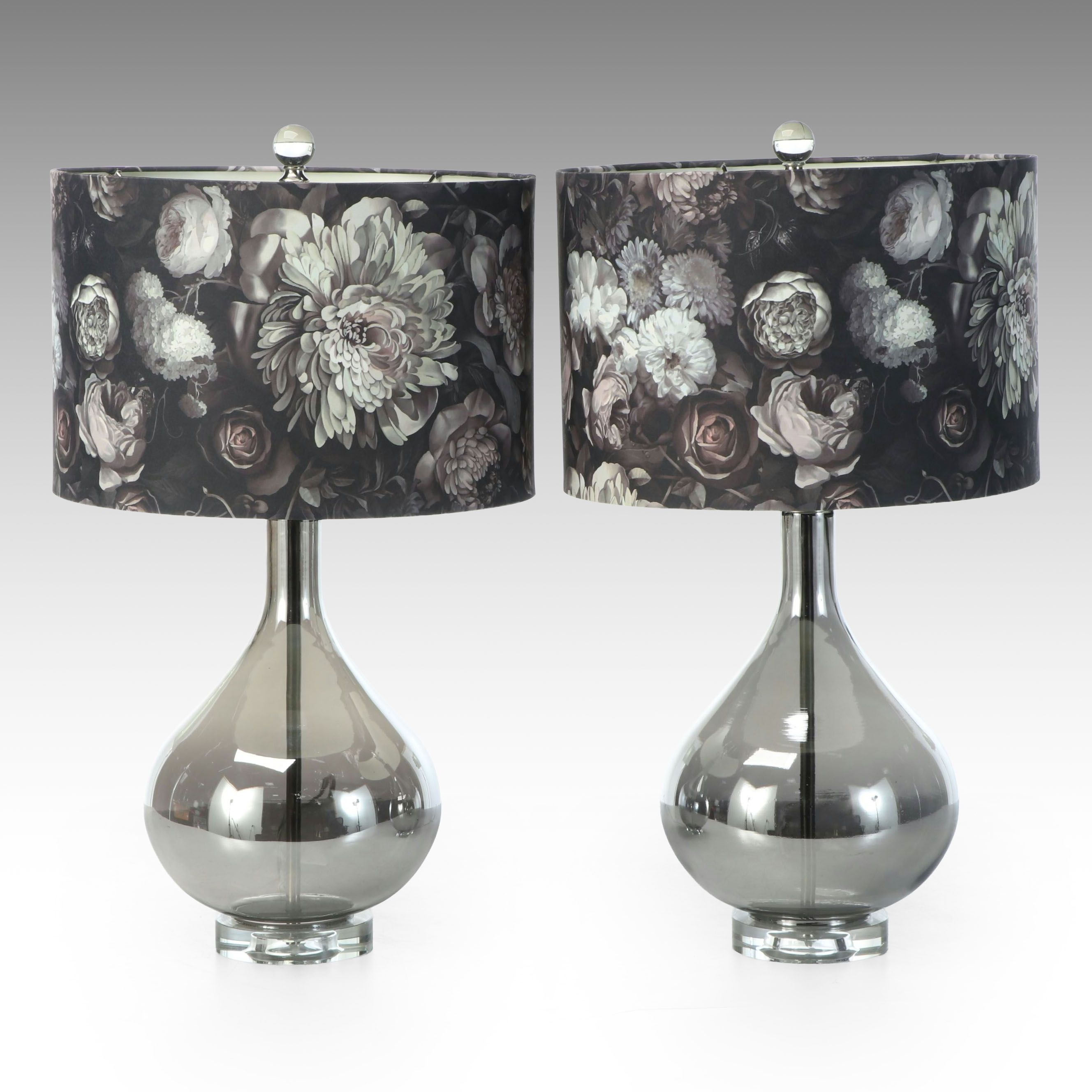 Pair of Smoky Mercury Glass Table Lamps with Floral Print Fabric Drum Shades