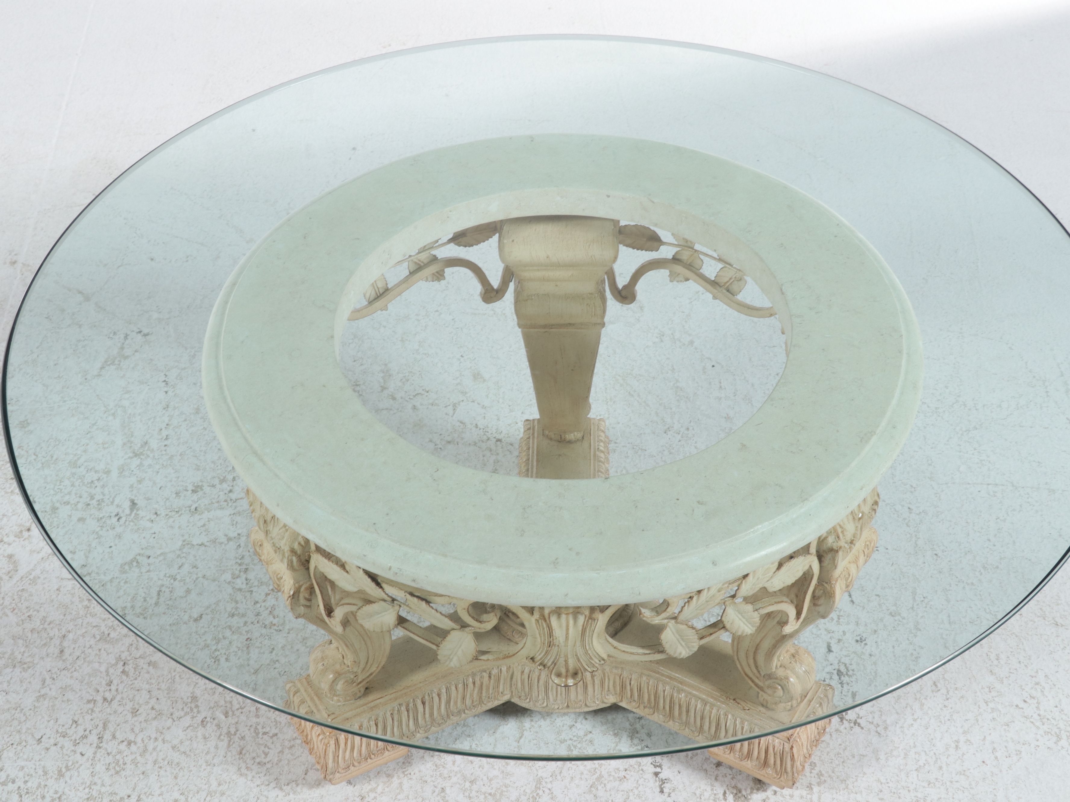 Neoclassical Style Circular Coffee Table with Stone Ring and Glass Top