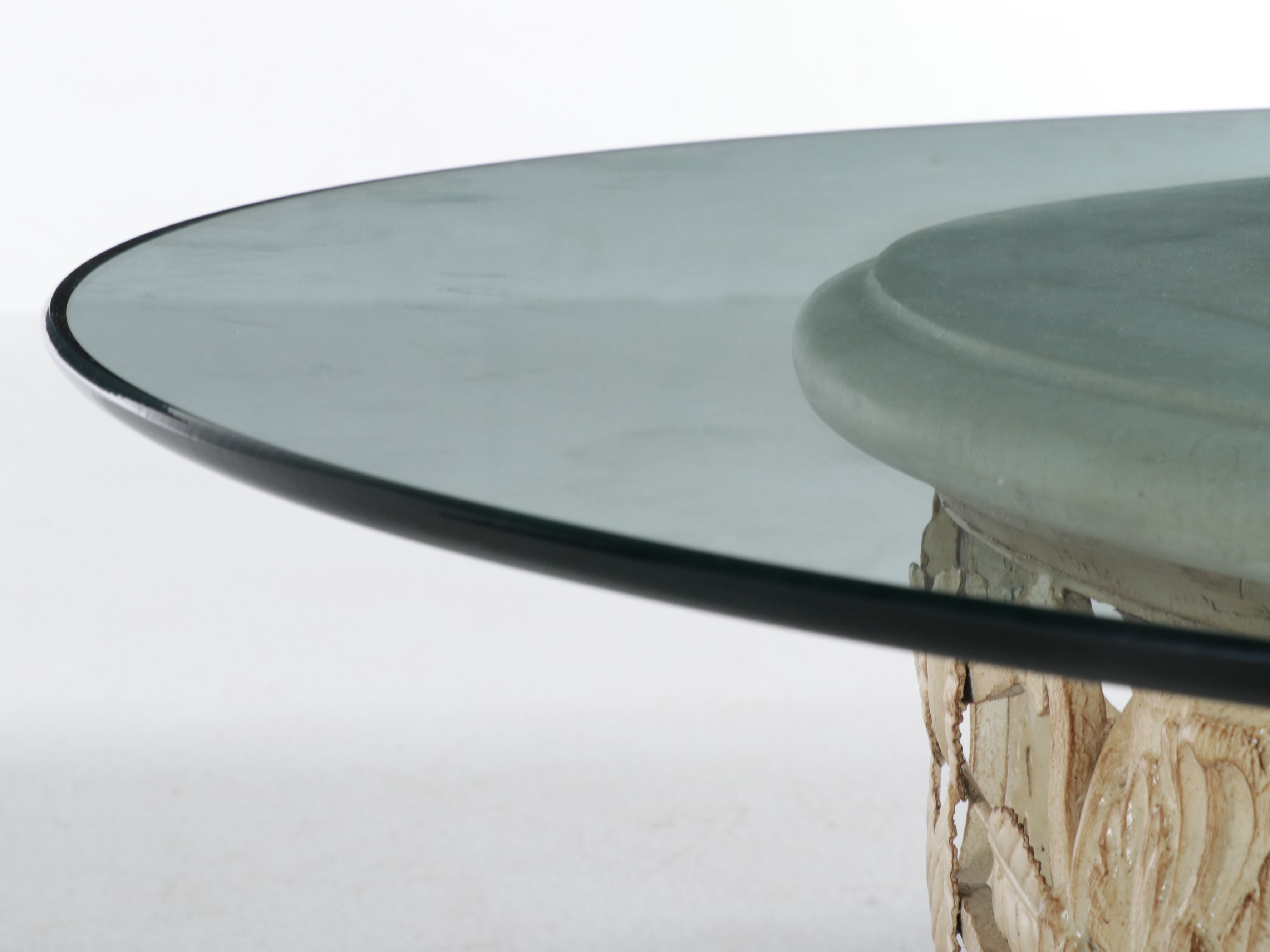 Neoclassical Style Circular Coffee Table with Stone Ring and Glass Top