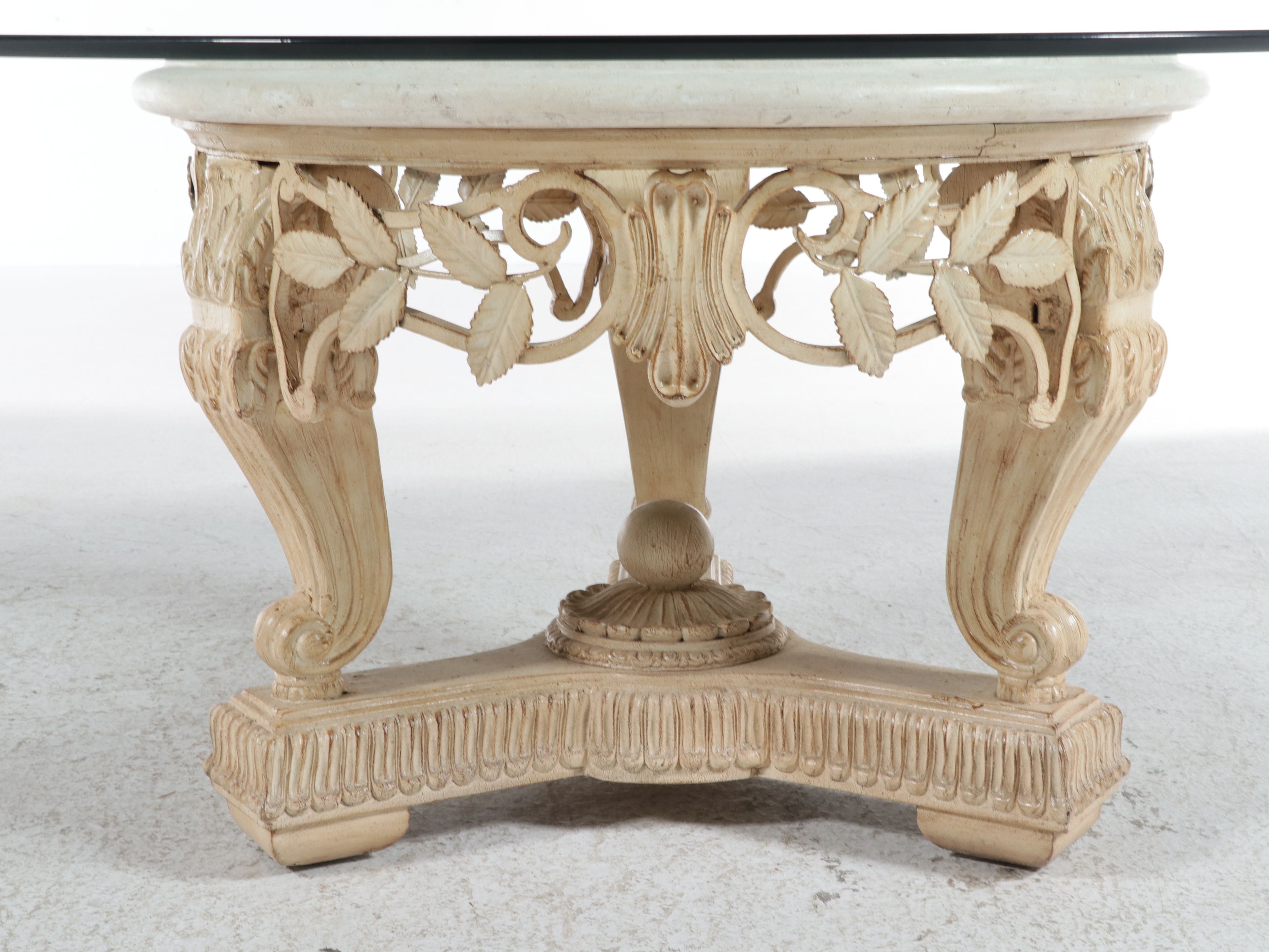 Neoclassical Style Circular Coffee Table with Stone Ring and Glass Top