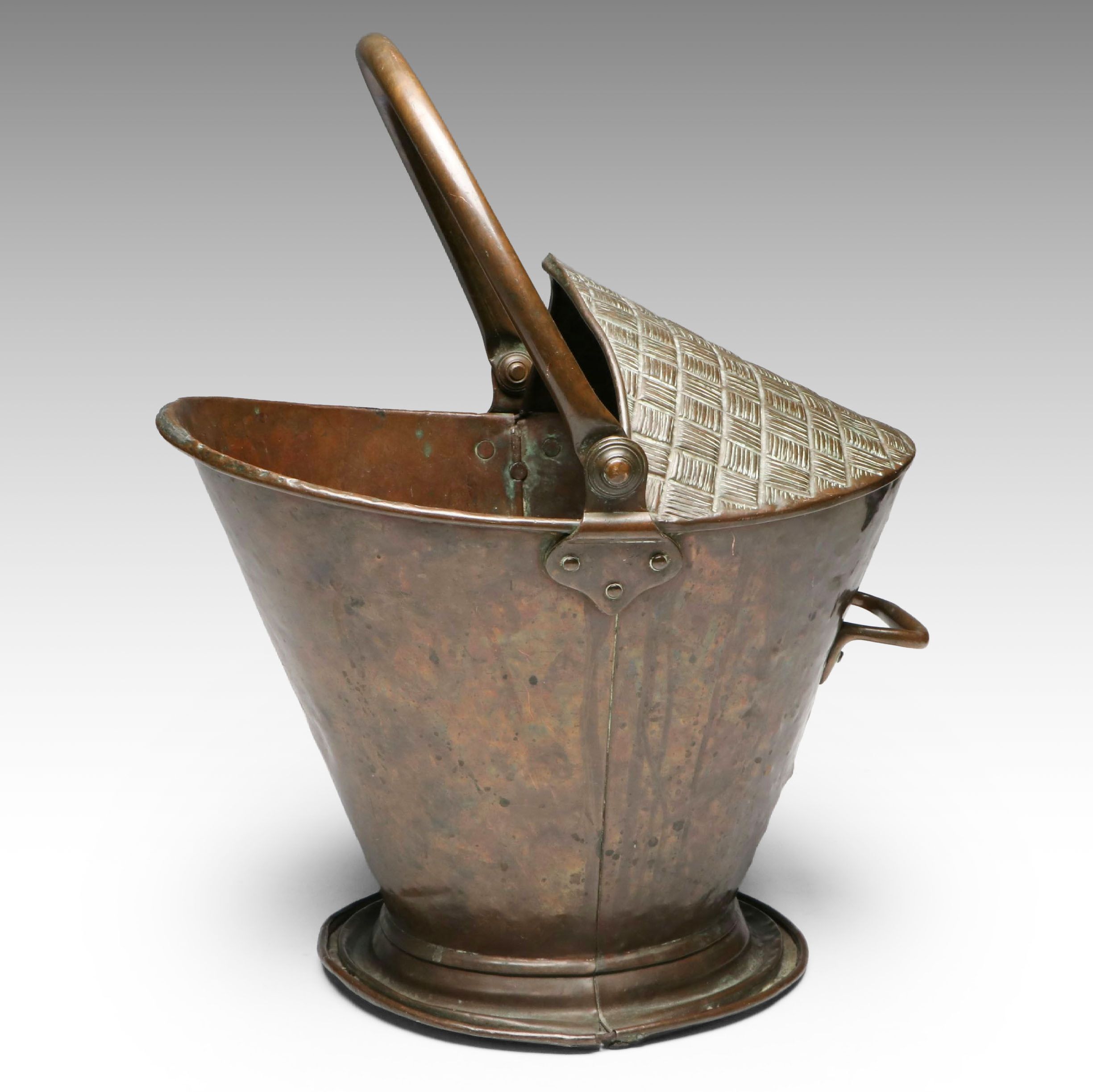 English Hammered Copper Coal Scuttle with Basketweave Hood