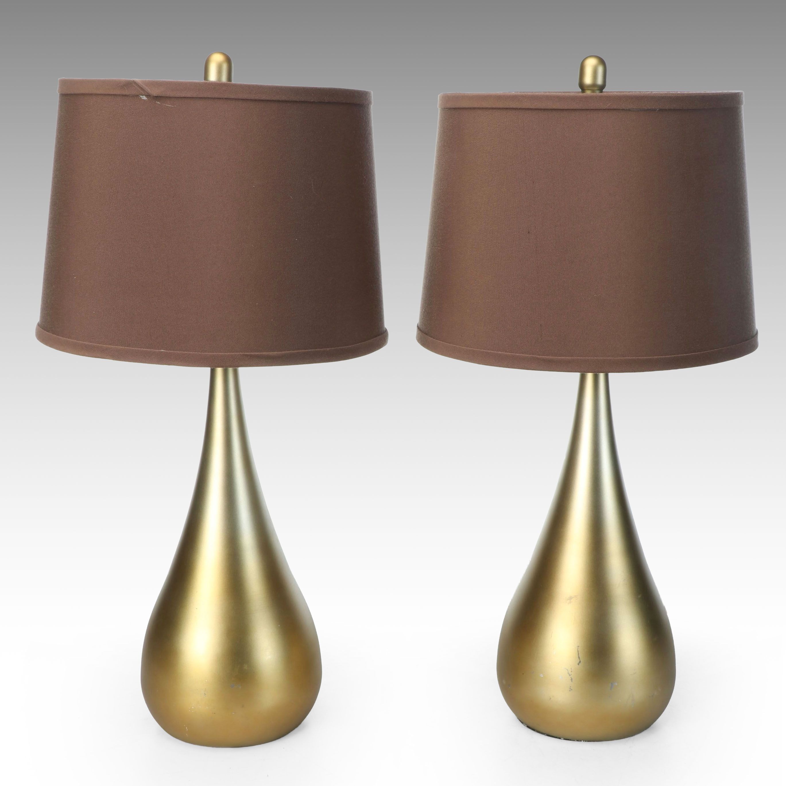 Satin Gold Finish Teardrop Table Lamps with Mocha Colored Shades