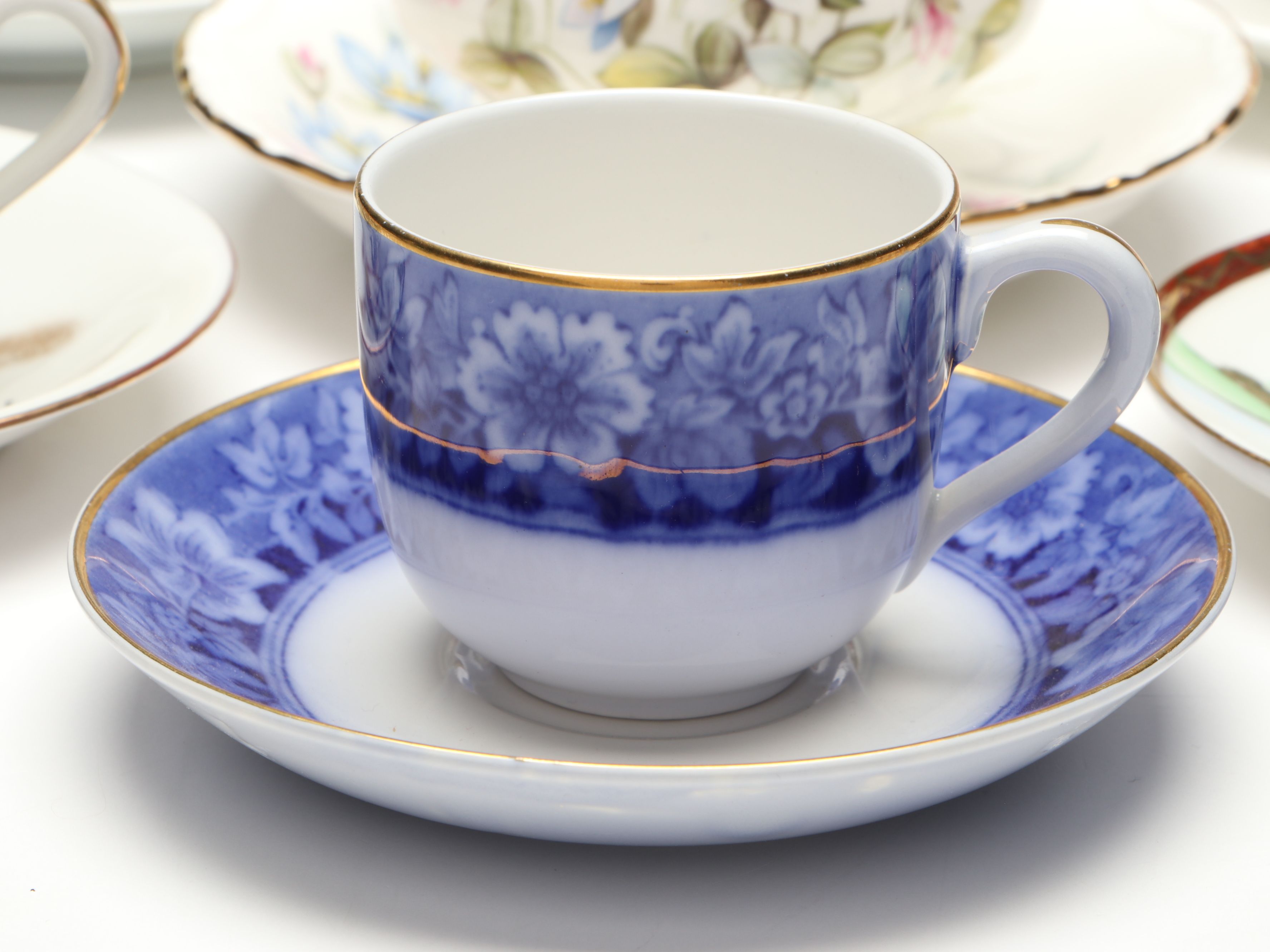 Italian Hand-Painted Glass Jar with Porcelain Cups and Saucers