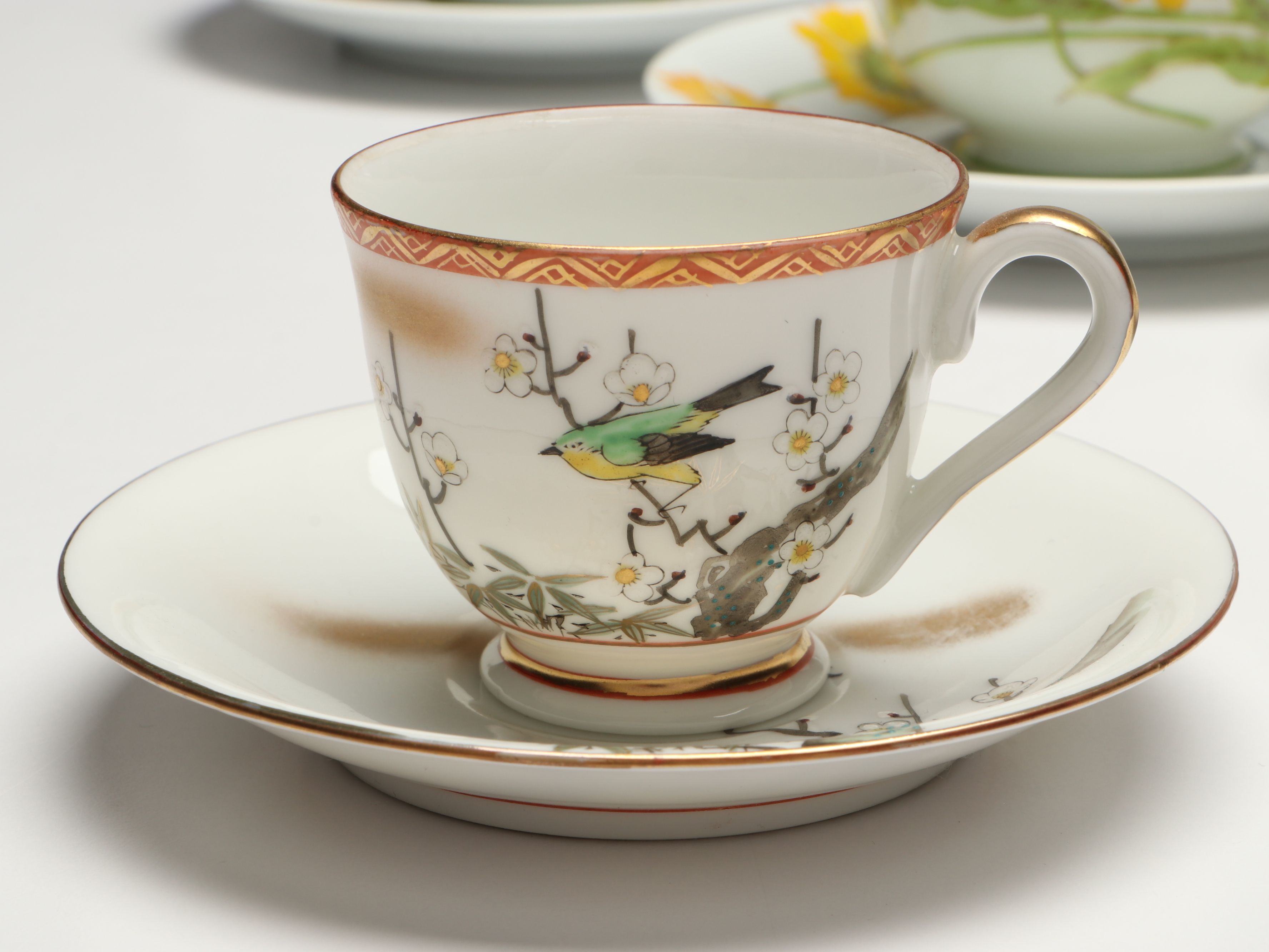 Italian Hand-Painted Glass Jar with Porcelain Cups and Saucers