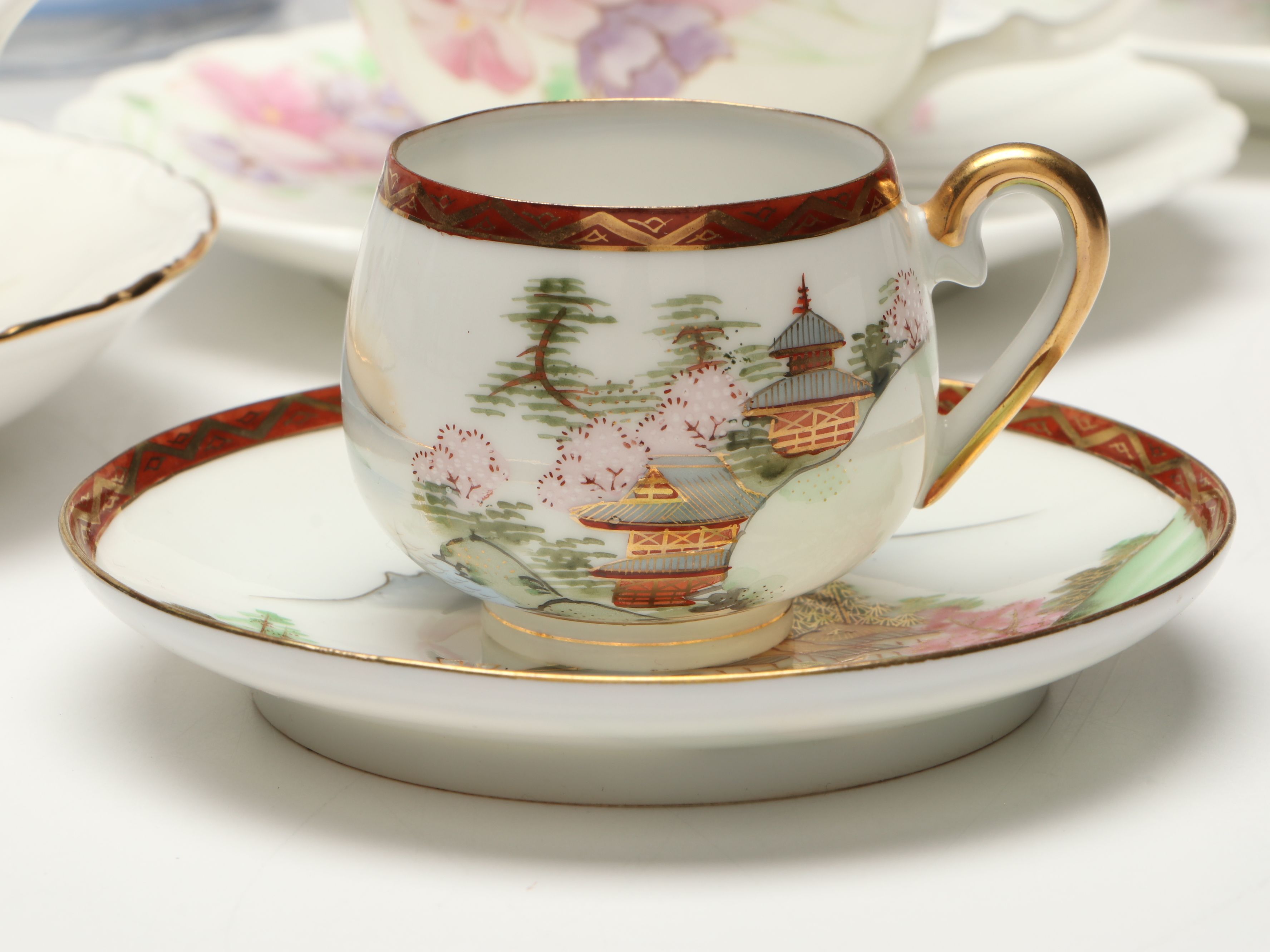 Italian Hand-Painted Glass Jar with Porcelain Cups and Saucers