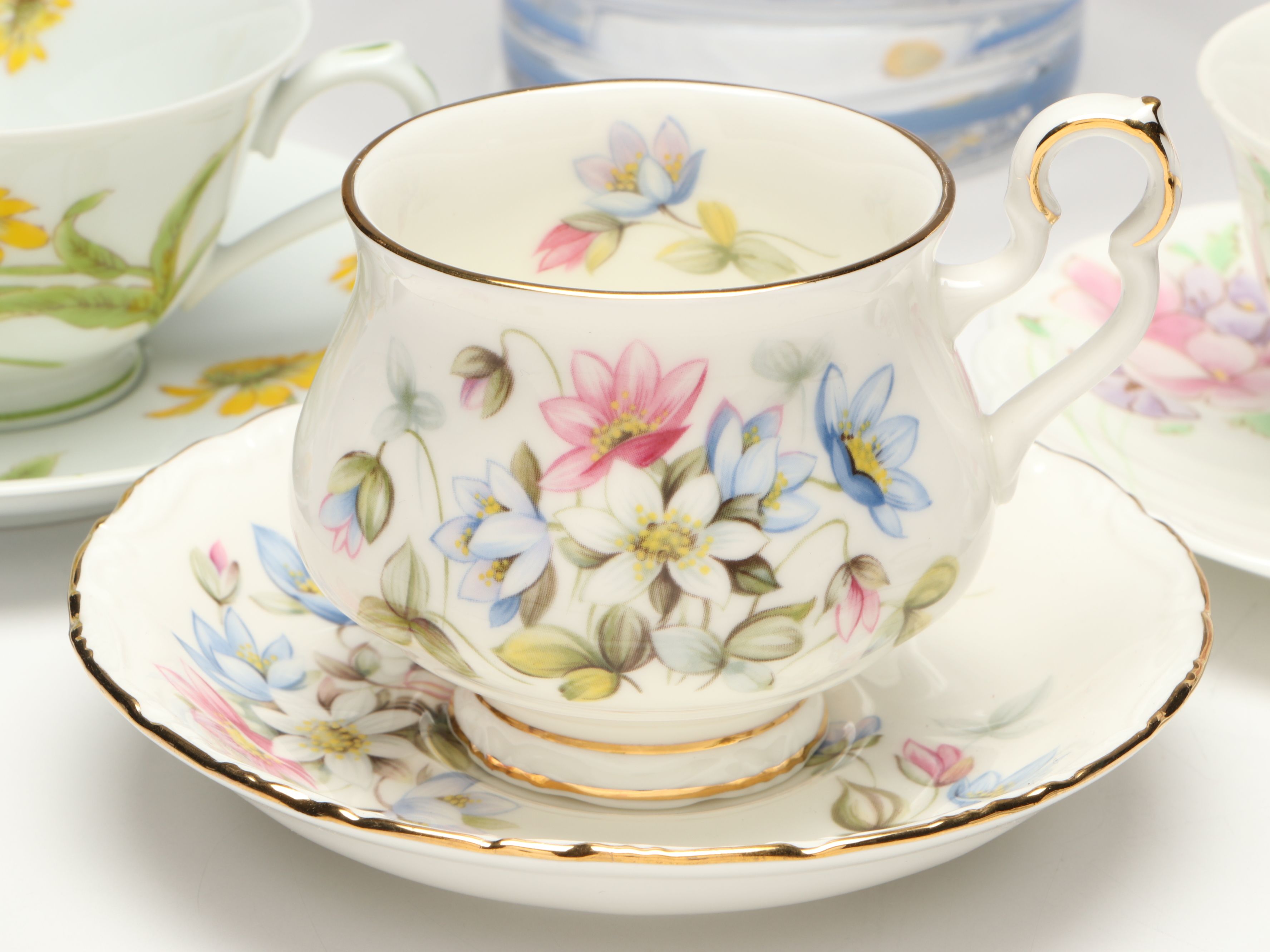 Italian Hand-Painted Glass Jar with Porcelain Cups and Saucers