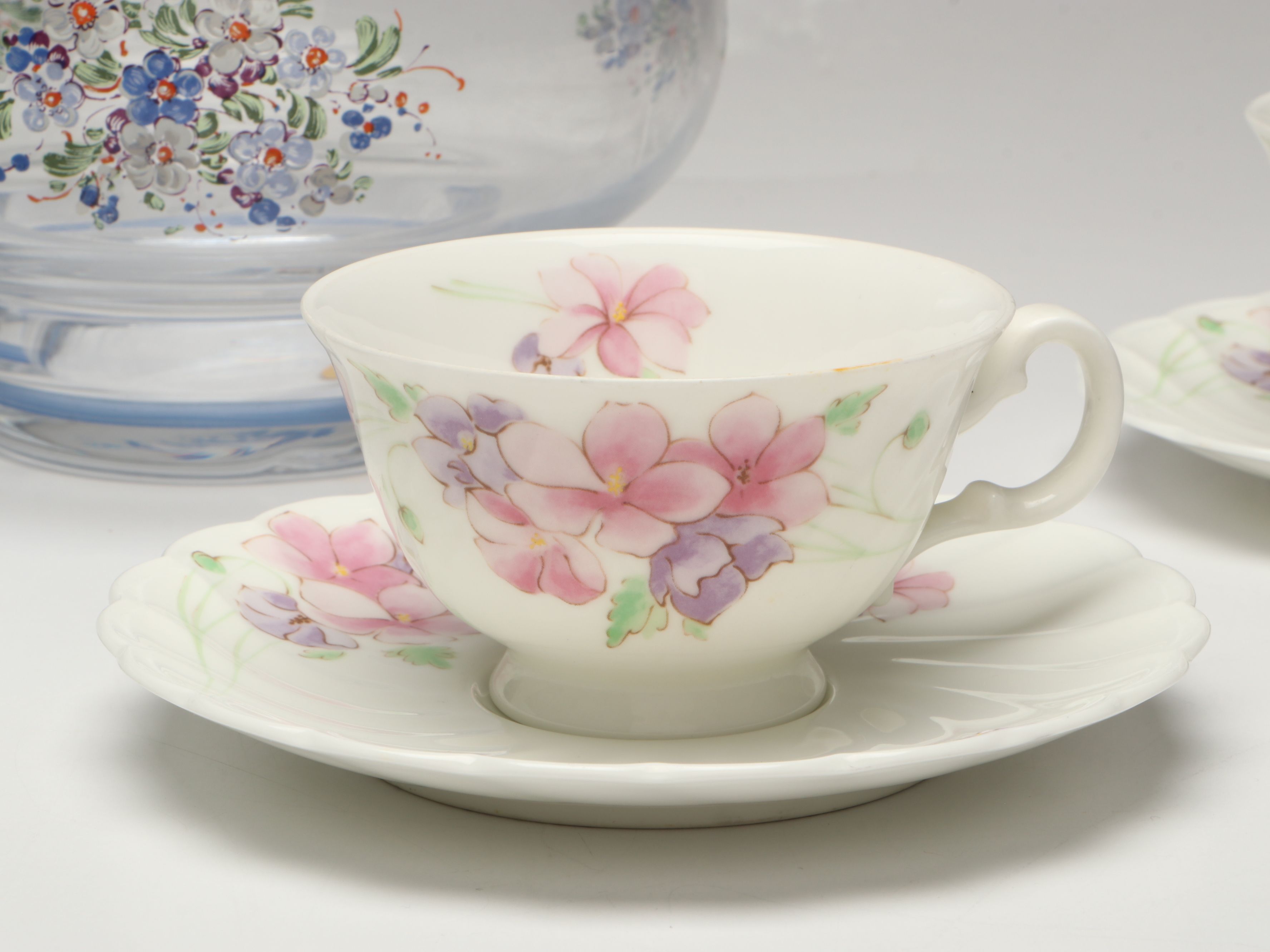 Italian Hand-Painted Glass Jar with Porcelain Cups and Saucers