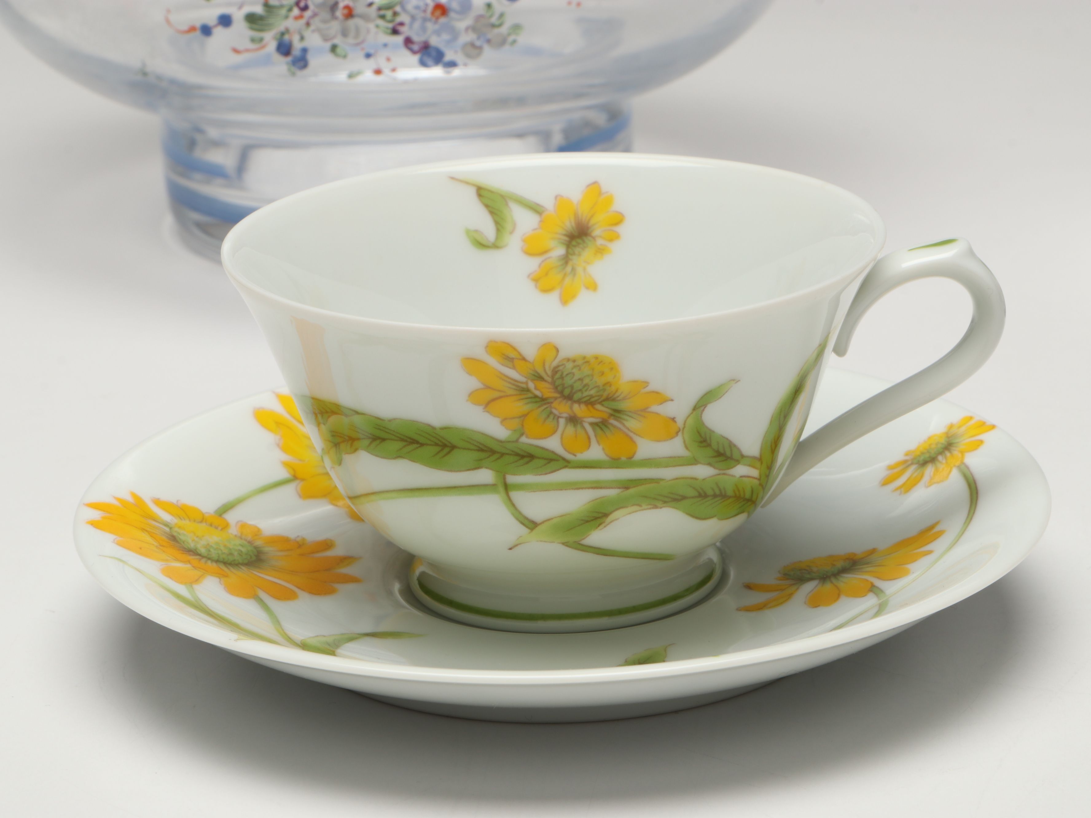 Italian Hand-Painted Glass Jar with Porcelain Cups and Saucers