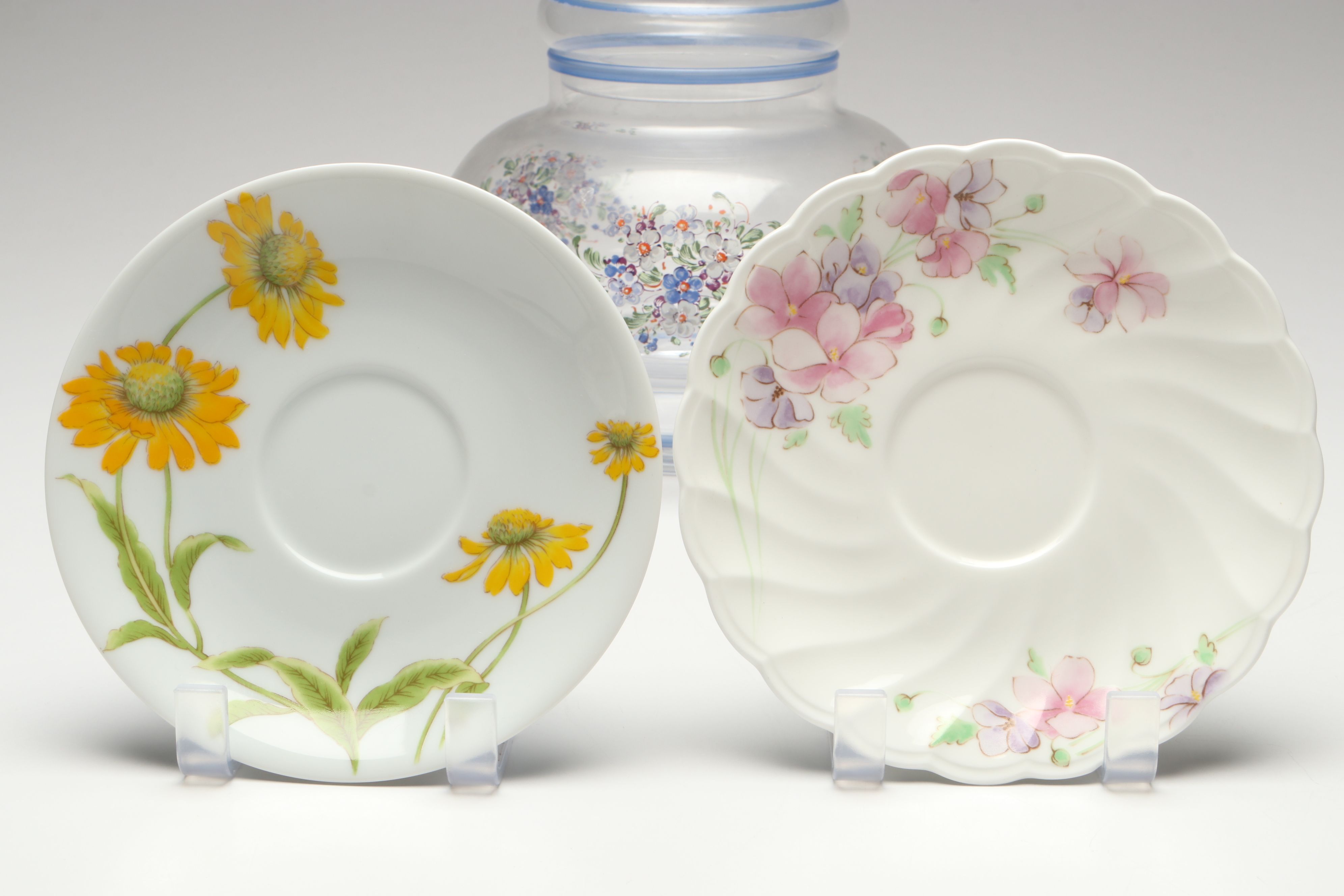 Italian Hand-Painted Glass Jar with Porcelain Cups and Saucers