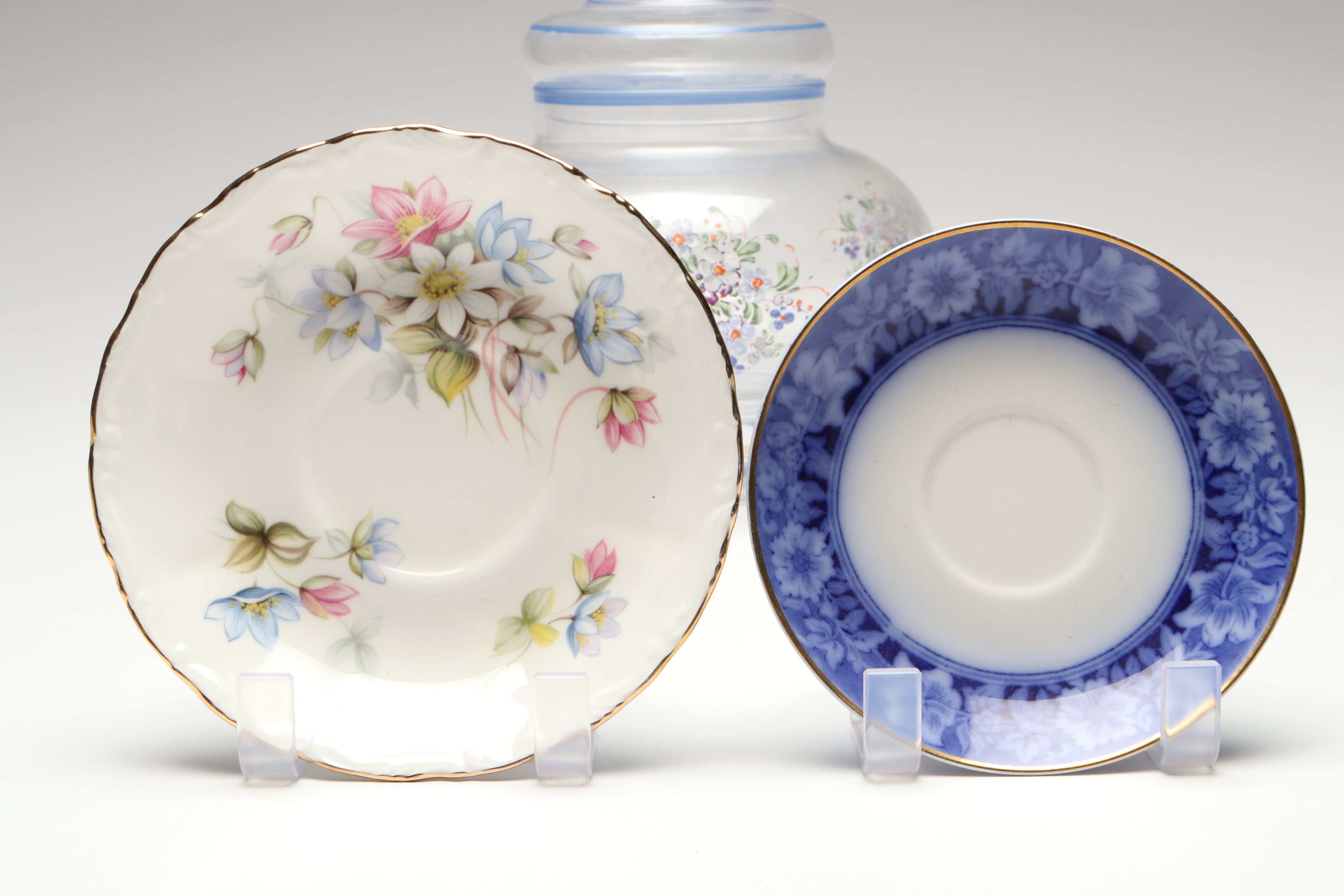 Italian Hand-Painted Glass Jar with Porcelain Cups and Saucers