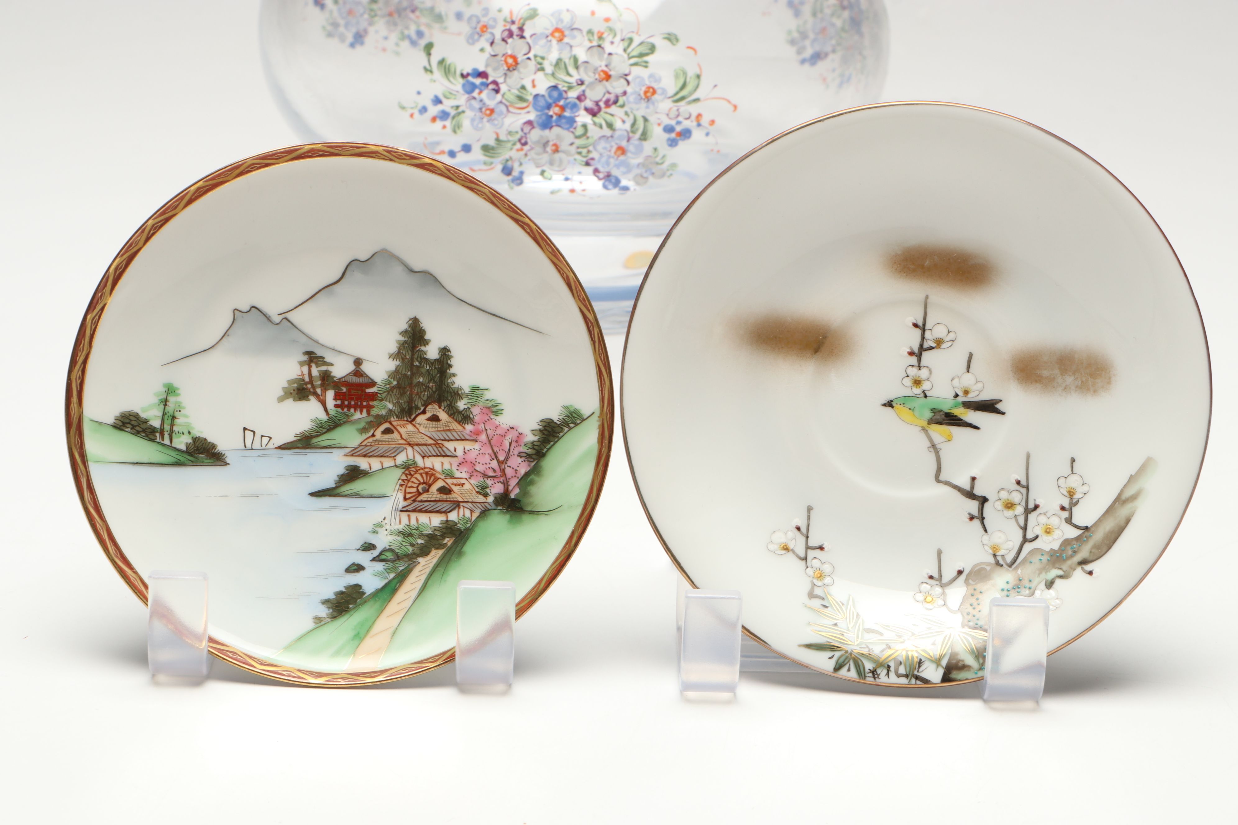 Italian Hand-Painted Glass Jar with Porcelain Cups and Saucers