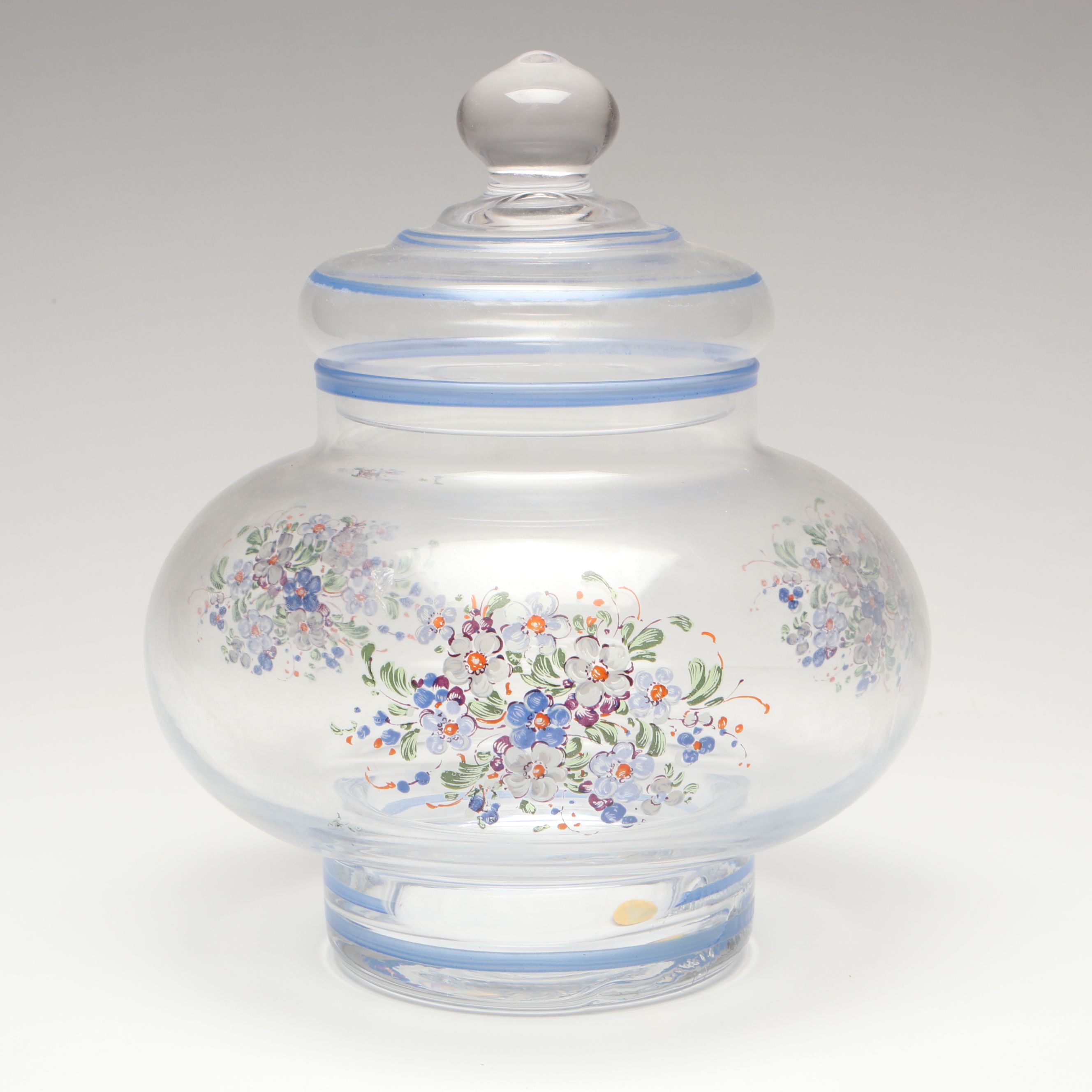Italian Hand-Painted Glass Jar with Porcelain Cups and Saucers