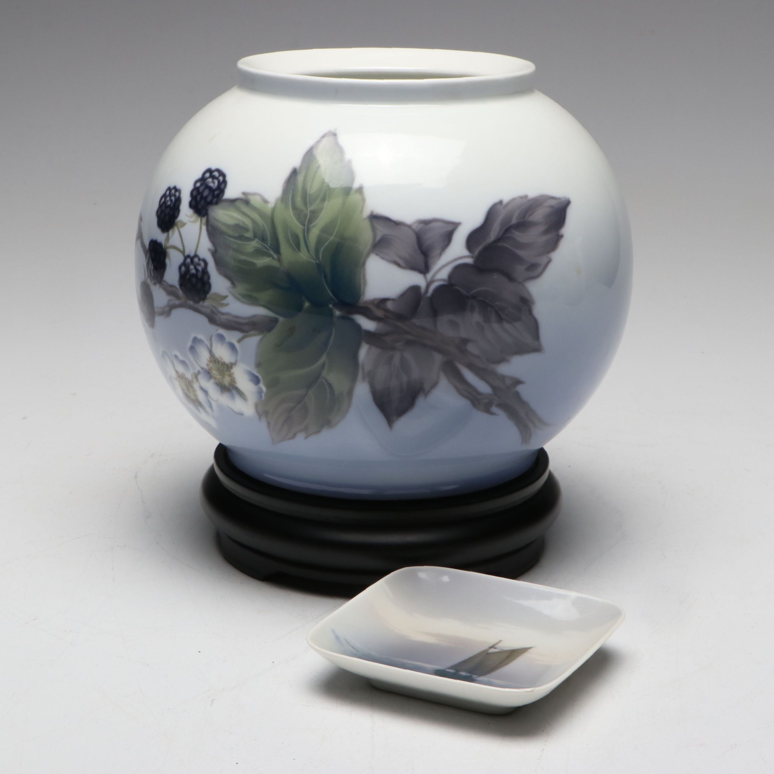 Royal Copenhagen Blackberry Porcelain Vase and Sailboat Dish