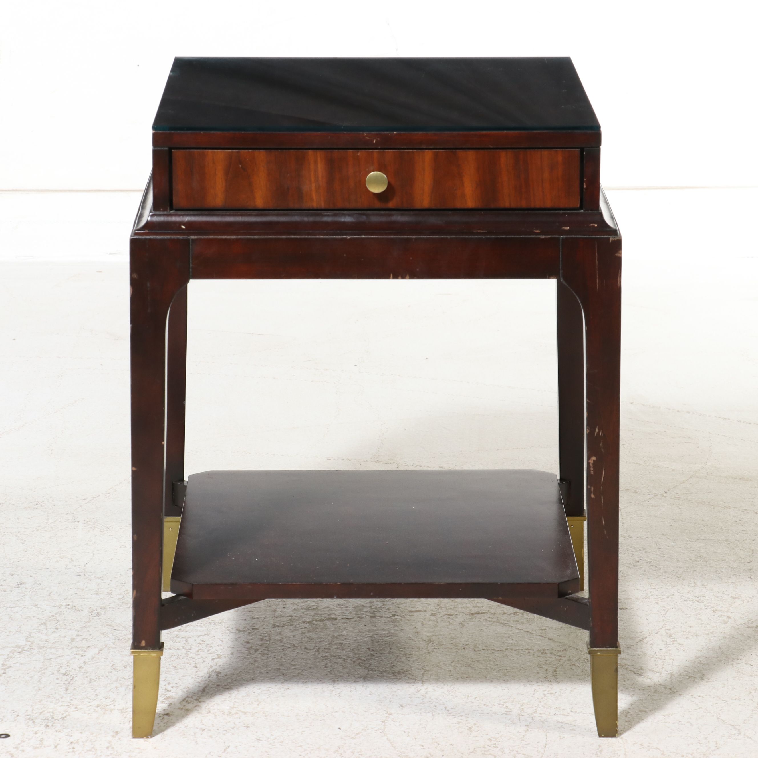 Modern Regency Style Mahogany Single-Drawer Side Table with Brass Sabots