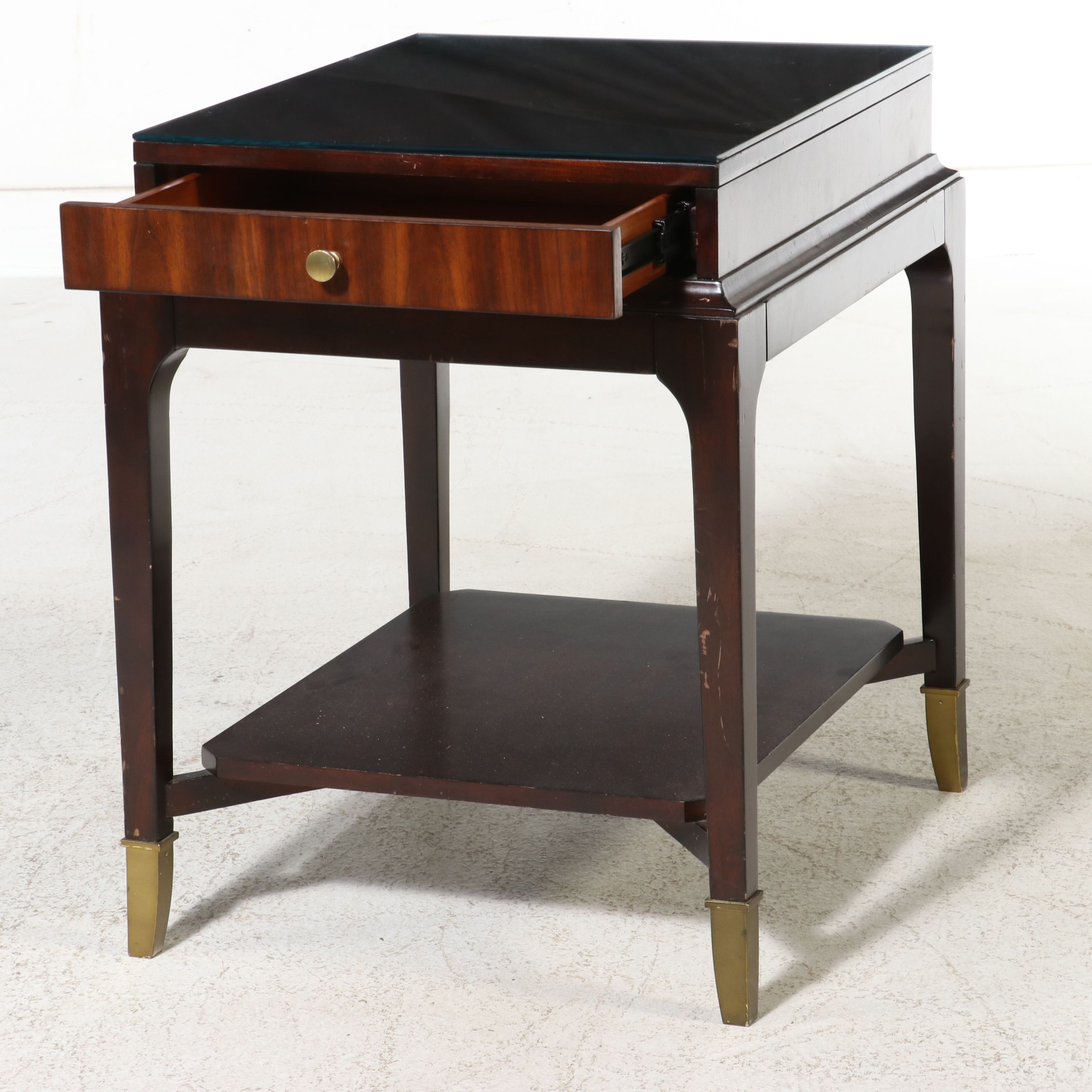 Modern Regency Style Mahogany Single-Drawer Side Table with Brass Sabots