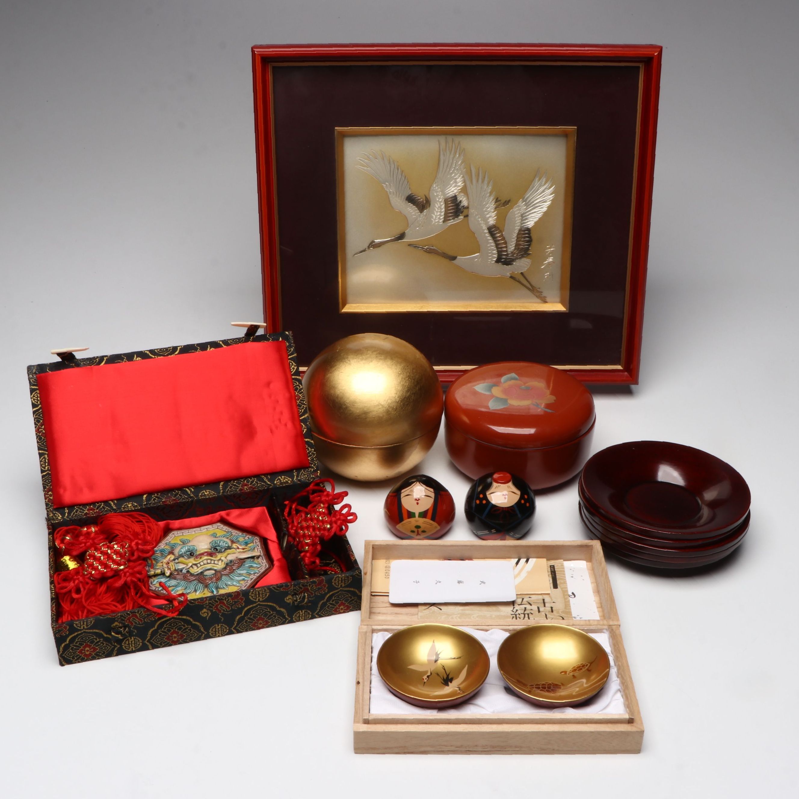 Taiwanese Anping Sword Lion with Japanese Lacquerware and Chokin Cranes