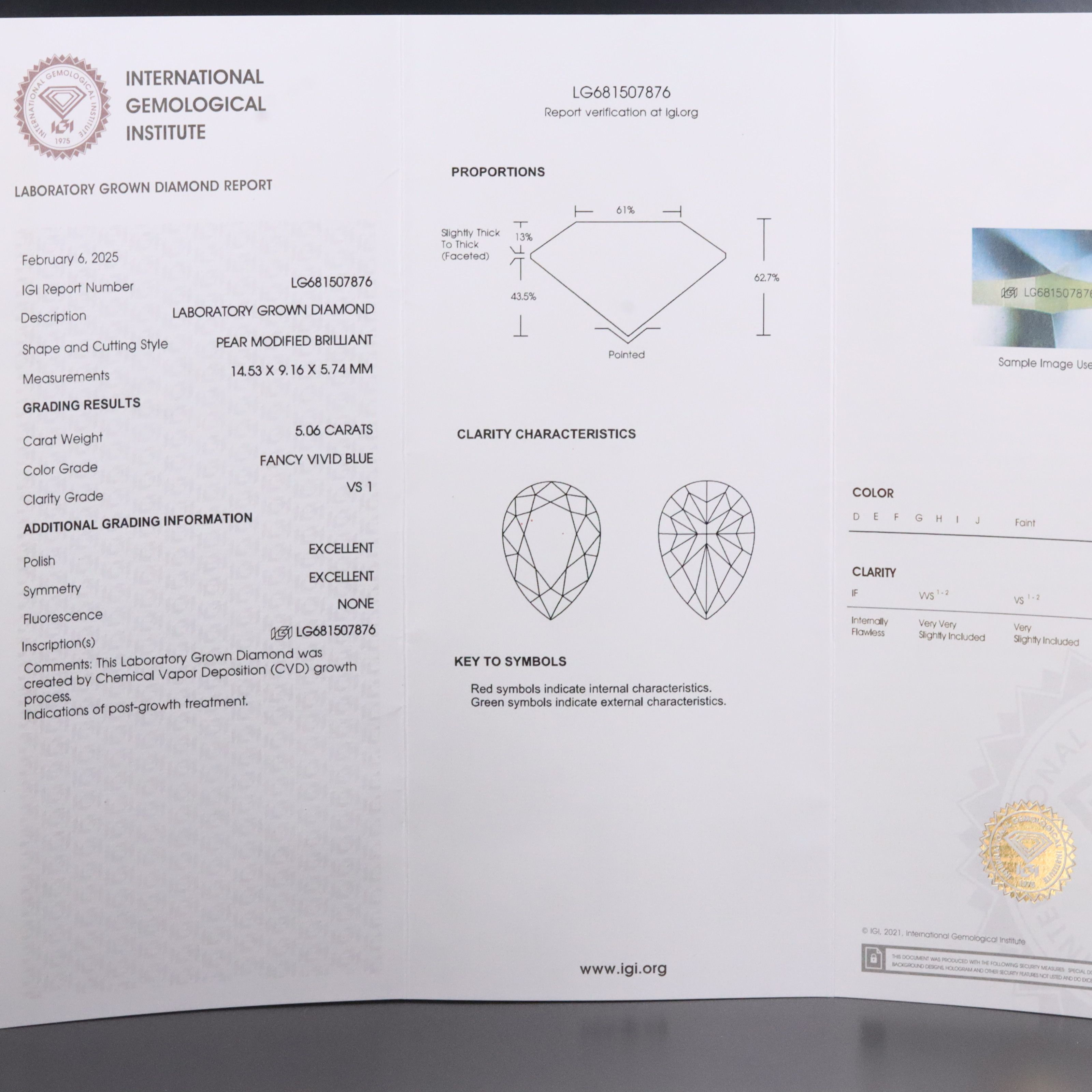 Platinum 5.06 CT Lab Grown Fancy Vivid Blue Diamond Ring with IGI Report