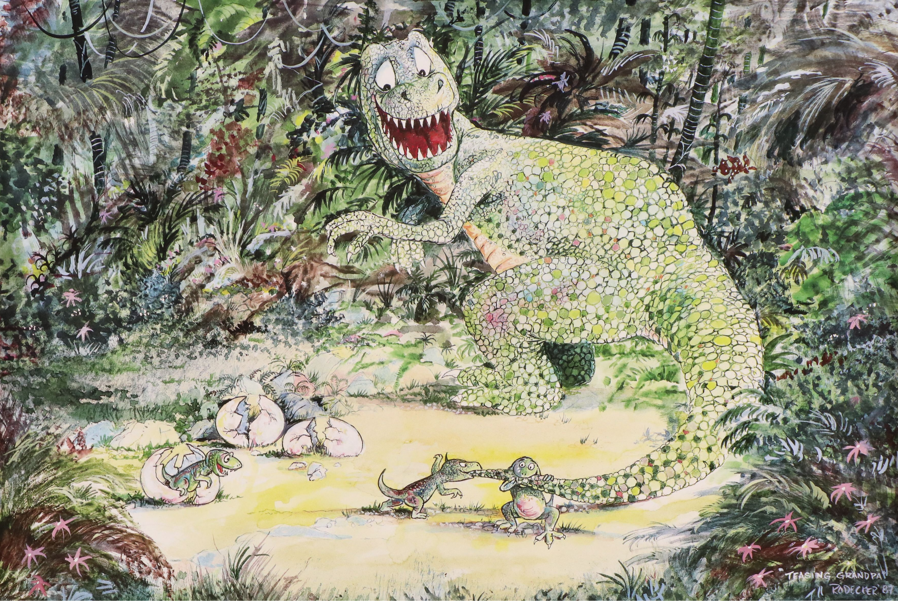 After Ron Rodecker Offset Lithograph "Teasing Grandpa" Circa 1987