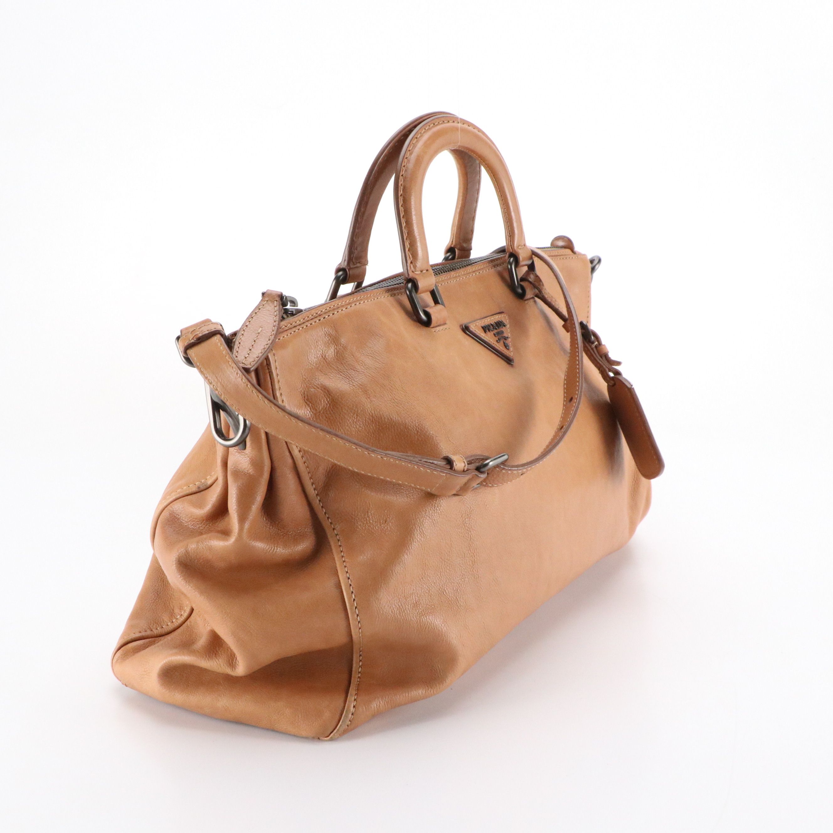 Prada Top Handle Two-Way Zip Tote Bag in Brown Calfskin Leather